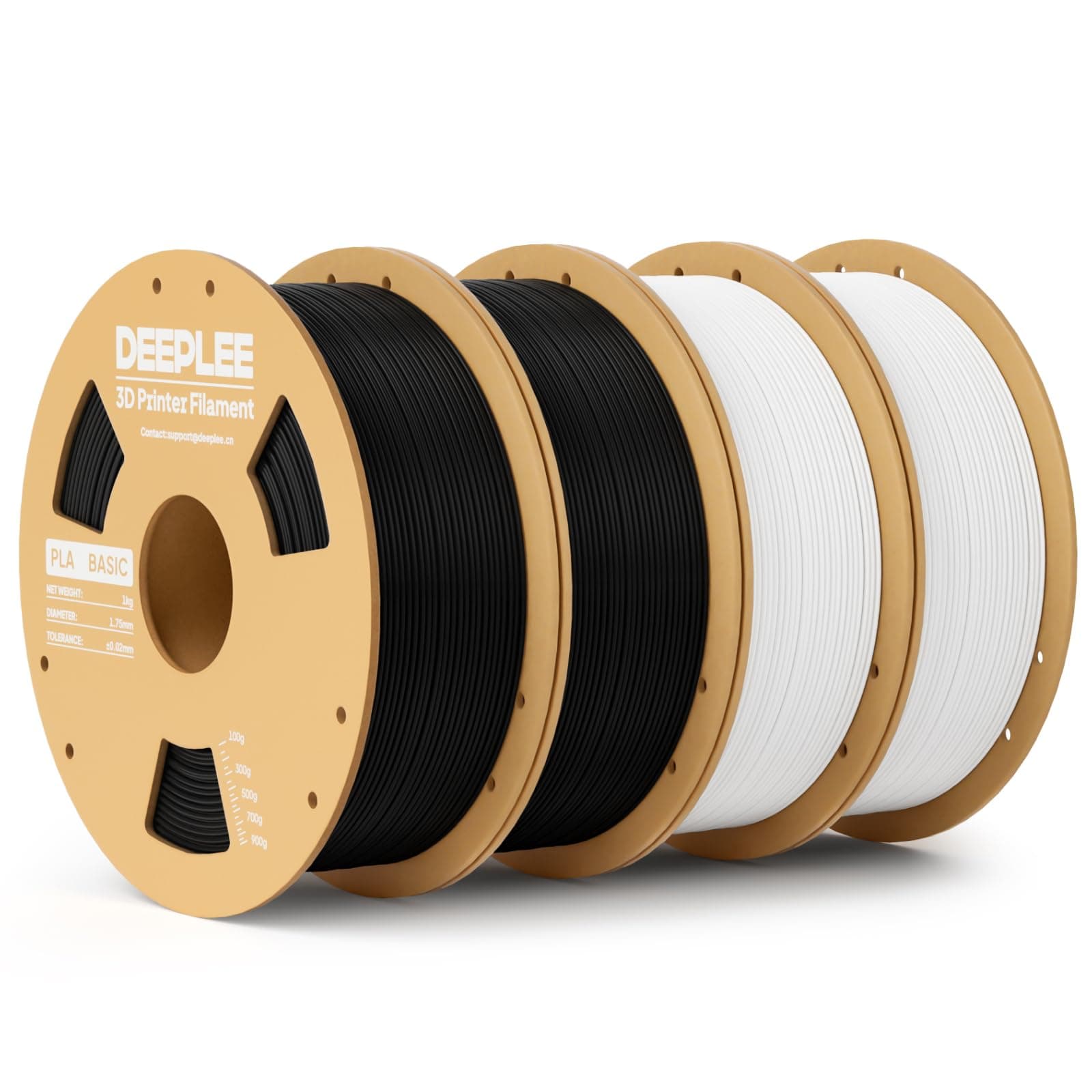 DEEPLEE PLA Basic 1.75 mm, Kit 4 Bobinas (2 Negro + 2 Blanco) 4 kg. Precisión ±0.02 mm. Bobina Perfecta Sin Atascos. Ideal para Principiantes. Compatible con Impresoras FDM.