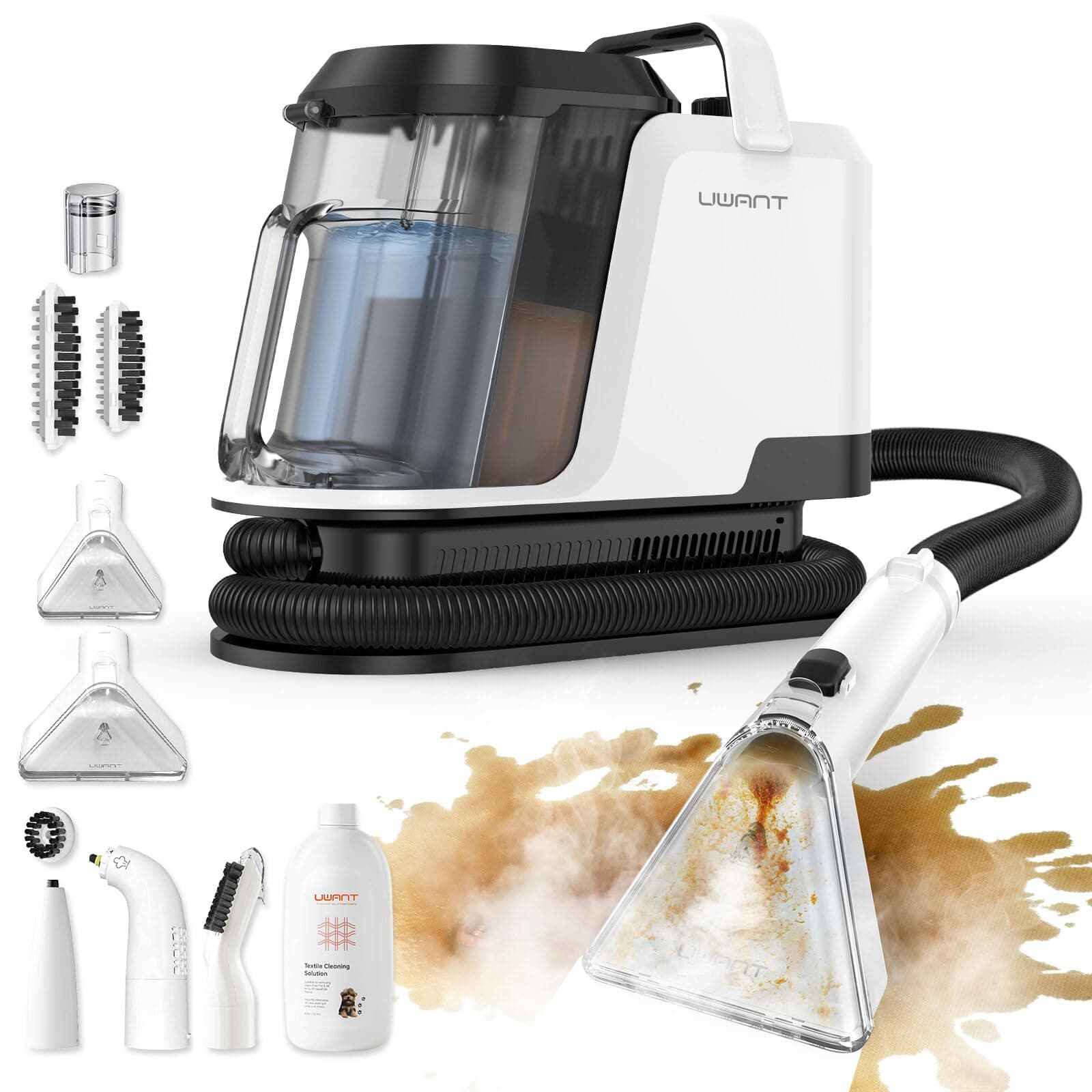 Uwant Y100 Steam 3-en-1 Shampouineuse, Nettoyeur Canapé Tissu 18KPA, 1750W, Nettoyeur Vapeur 100°C, à l'Eau Chaude 65°C, à l'Eau Froide, Auto-nettoyage, 7 Accessoires Pro, Détergent, Gar. 2 ans.