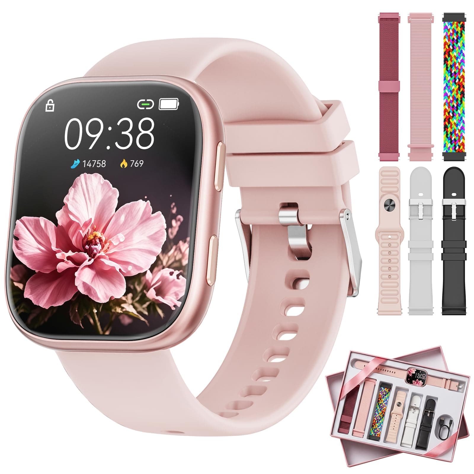 Mingtawn Reloj Inteligente Mujer con 7 Correas, 1.83" Smartwatch con Bluetooth Llamada, 100+ Modos Deportivos, Monitor Pulsometro/SpO2/Sueño, Relojes Inteligentes para Android iOS