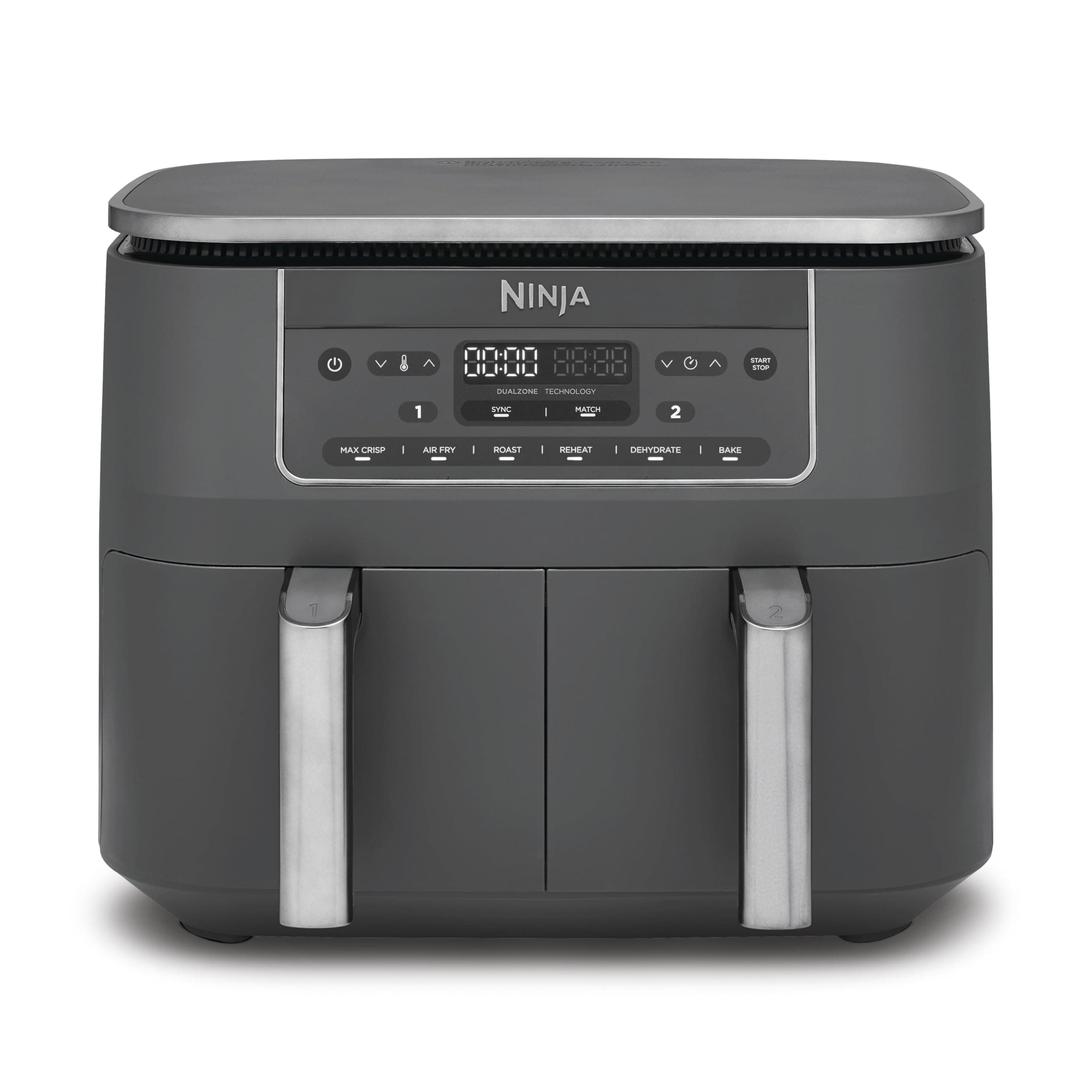Ninja Dual Zone Digital Air Fryer, 2 Schubladen, 6-in-1, Heißluftfritteuse ohne Öl, 7,6L, Heißluft-Frittieren, Max Crisp, Rösten, Backen, Aufwärmen, Spülmaschinenfeste Körbe, Metallic Grau DZ300EU