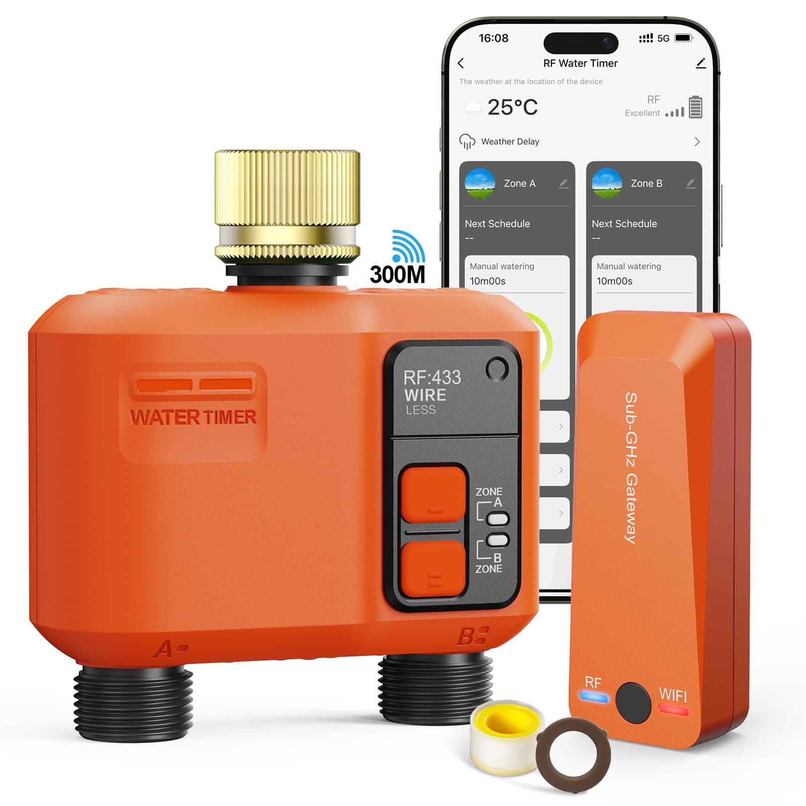 Programador de Riego WiFi 2 Salidas con 300 Metros RF, Entrada de Latón, Retardo por Lluvia, Temporizador Riego Automático para Riego de Jardín Compatible con La Aplicación Alexa y Smart Life