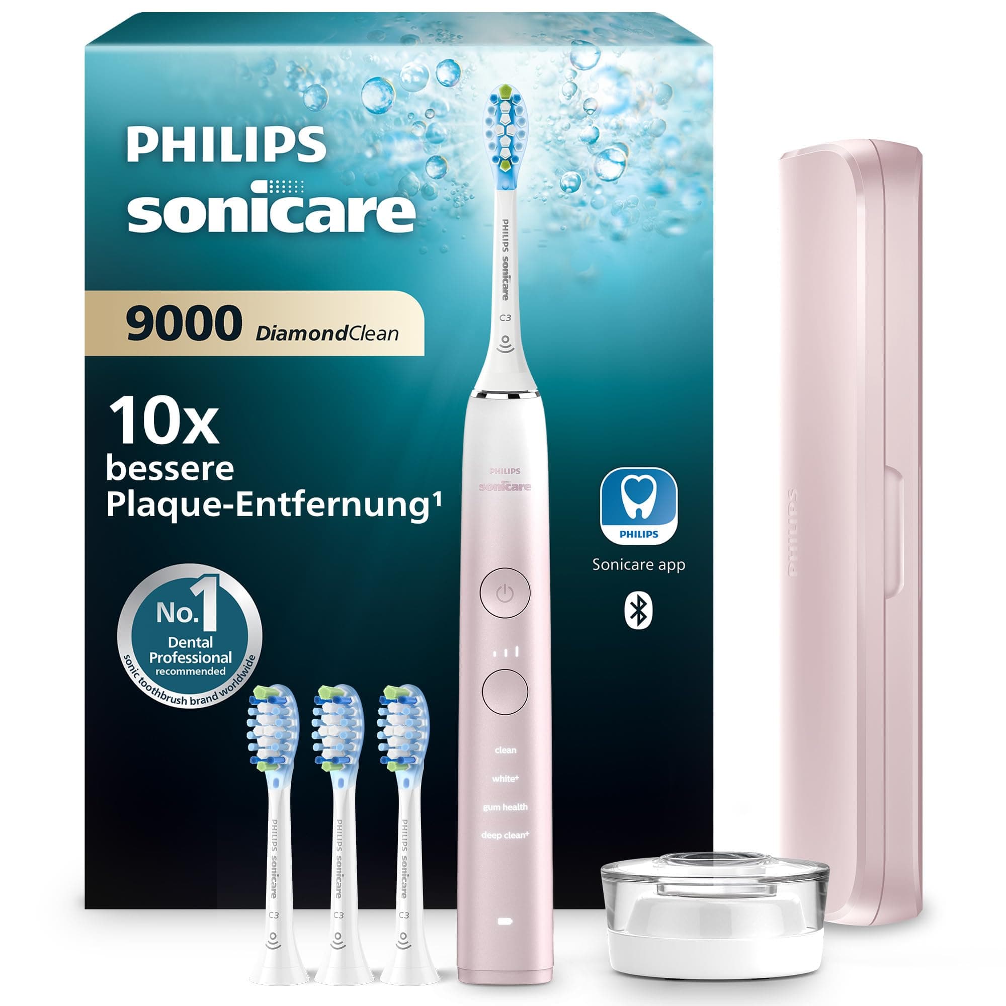 Philips Sonicare DiamondClean 9000 elektrische Zahnbürste, Sonderedition – Schallzahnbürste, sauberere Zähne, 4x C3 Premium Plaque Defense-Bürstenköpfen, pink (Modell HX9911/79)