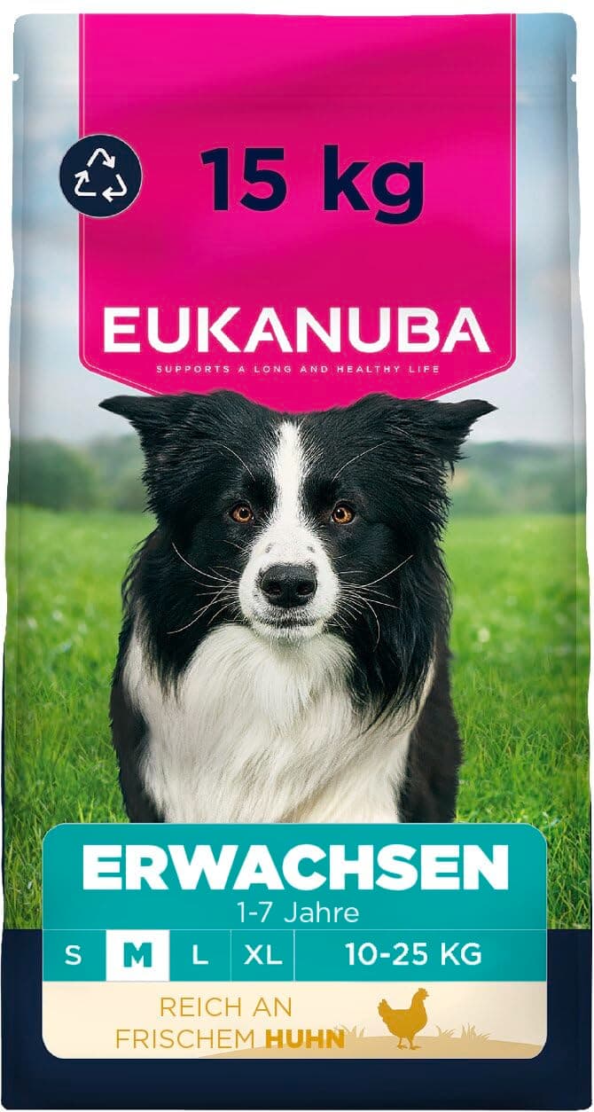 Eukanuba Hundefutter Trocken mit frischem Huhn für mittelgroße Rassen, Premium Trockenfutter für ausgewachsene Hunde, 15 kg