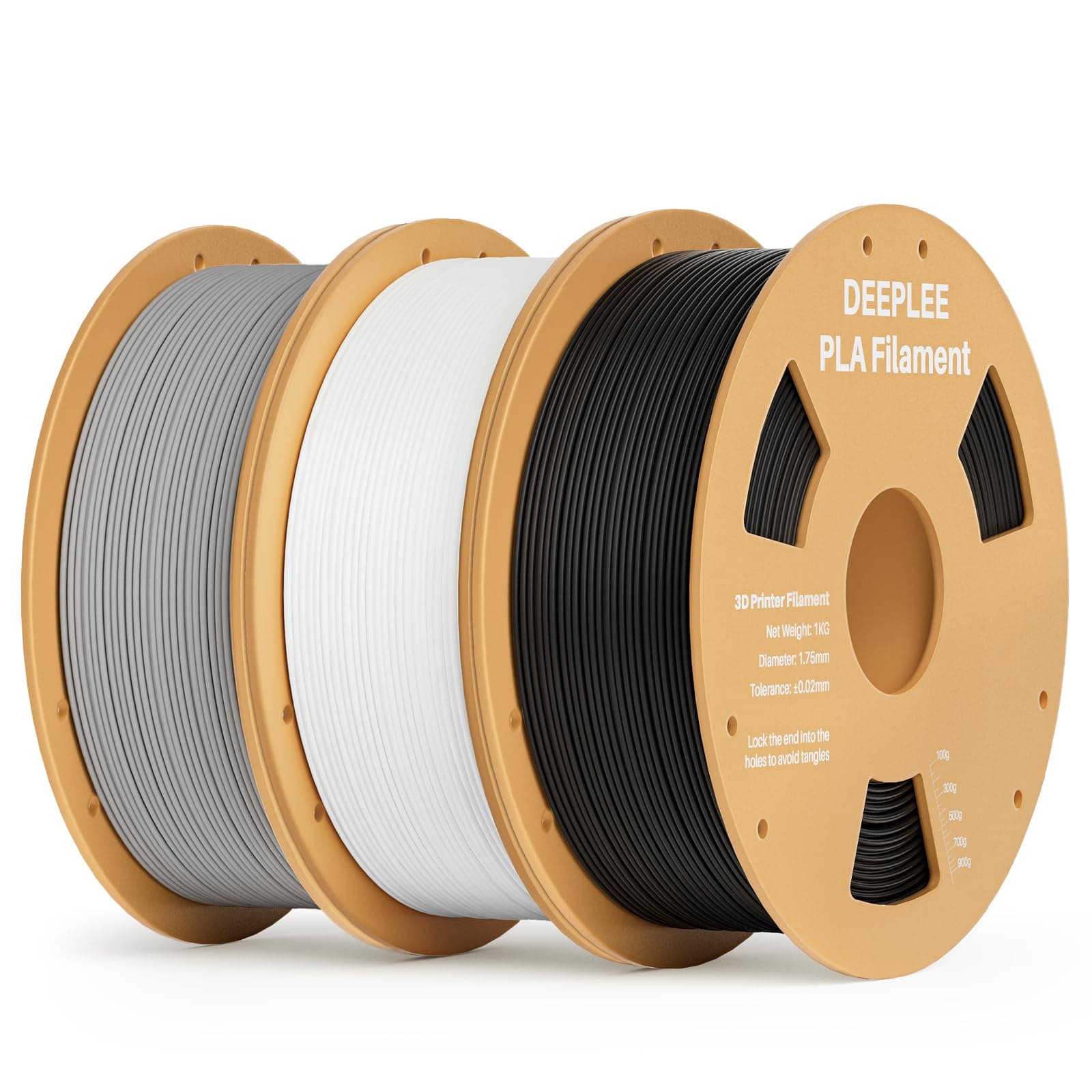 DEEPLEE Filamento PLA 1.75 mm, Kit 3 Bobinas Negro, Blanco y Gris (3kg). Precisión ±0.02 mm. Enrollado Perfecto, Sin Atascos. Compatible con Impresoras 3D FDM.