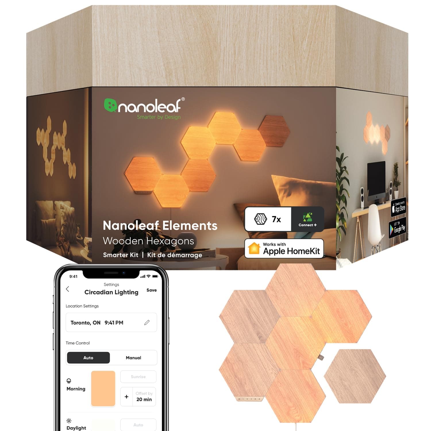 Nanoleaf Elements Kit de Démarrage, 7 Panneaux LED Connectés Effet Bois - Appliques Murales Luminaires Intérieur Hexagonales Modulaires et Variables Wi-Fi, Compatible Alexa, pour Salon Chambre Bureau