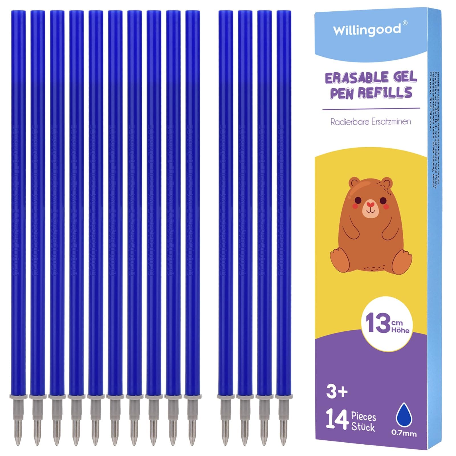 Willingood Refill per Penna Gel Cancellabile,compatibili con Legami,14 Pezzi,Blu, Altezza 13 cm, Inchiostro Termosensibile, Punta 0,7 mm, Particolarmente adatto per la scuola e la vita quotidiana