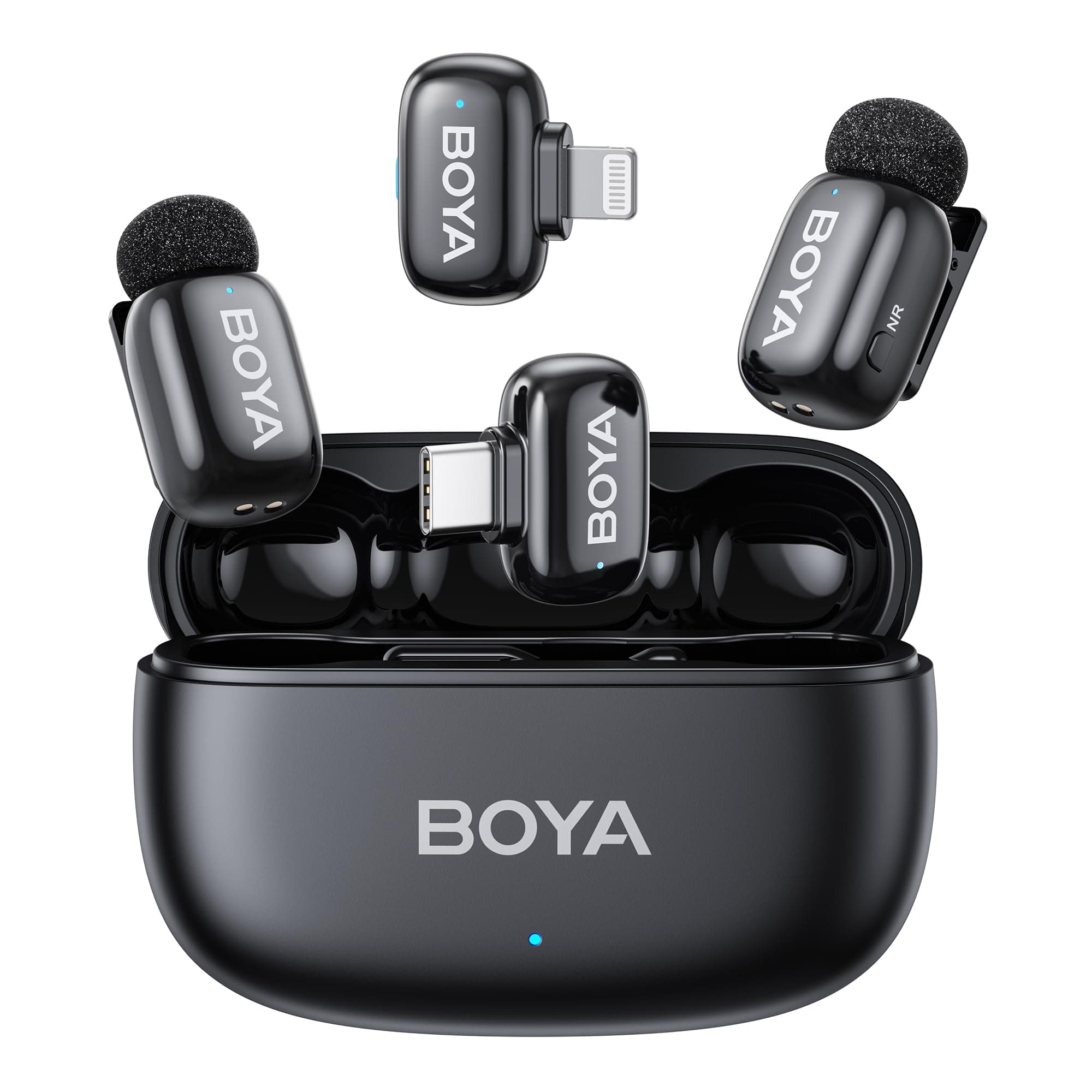 BOYA Mini 2 Microfono Inalambrico (2 TX+2 RX) para iPhone 7-17, Microfono Movil Android, 48 kHz/24 bit, 5g Ultraligero, Cancelación de Ruido, 30h, USB-C & Lightning Micrófono Solapa para Streaming