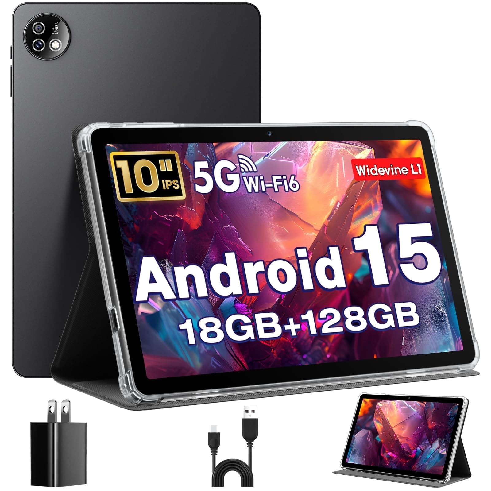 Tablet 10 Pulgadas, Tableta Android 15 con Funda, Octa-Core, 18 GB RAM + 128 GB ROM + 1 TB TF, Pantalla HD IPS 1280 x 800, Cámara Dual 5MP + 8MP, 6000 mAh, WiFi 6, BT 5.0, Widevine L1, GPS, K30