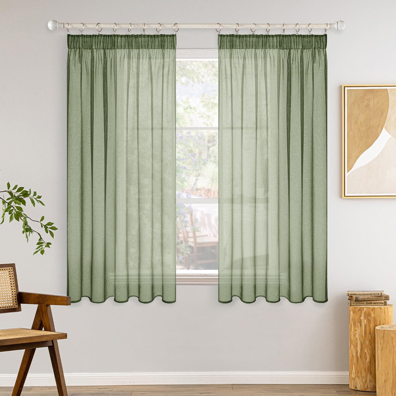 MIULEE Gardinen Vorhänge mit Kräuselband 2er Set Gardine Weiss Vorhang Gardinen Wohnzimmer aus Sheer Voile Curtains Transparent Salbeigrün Schlafzimmer 140 x 145 cm