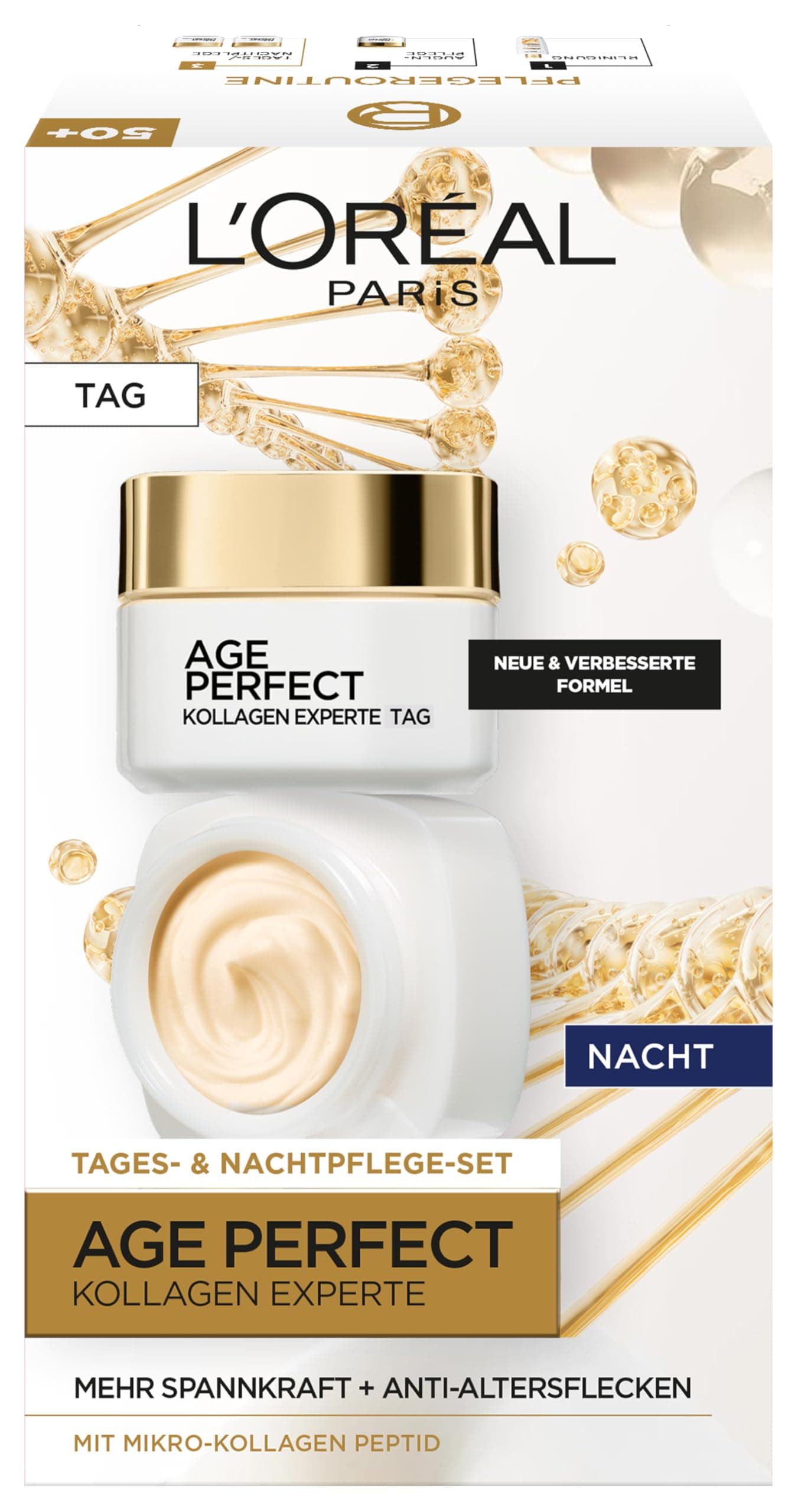 L'Oréal Paris Gesichtspflegeset, Anti-Aging Tag und Nacht Feuchtigkeitspflege für straffere Haut, mit Kollagen-Peptid, Age Perfect Kollagen Experte Gesichtscremes, 2 x 50ml