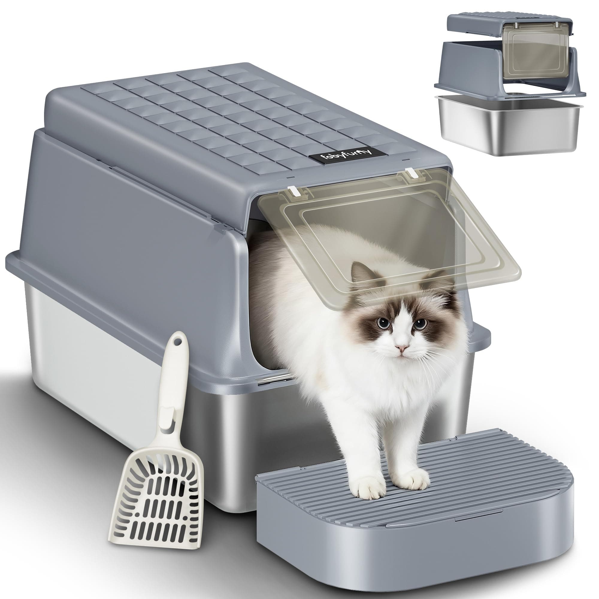 Fobyfurny Lettiera Acciaio Inox Chiusa con Coperchio, Lettiera Gatto Acciaio Inox XXL, con Paletta e Pedana, Rimovibile, Coperchio Incernierato a 120°, Facile da Pulire, Grigio Scuro, FPLB001SG2