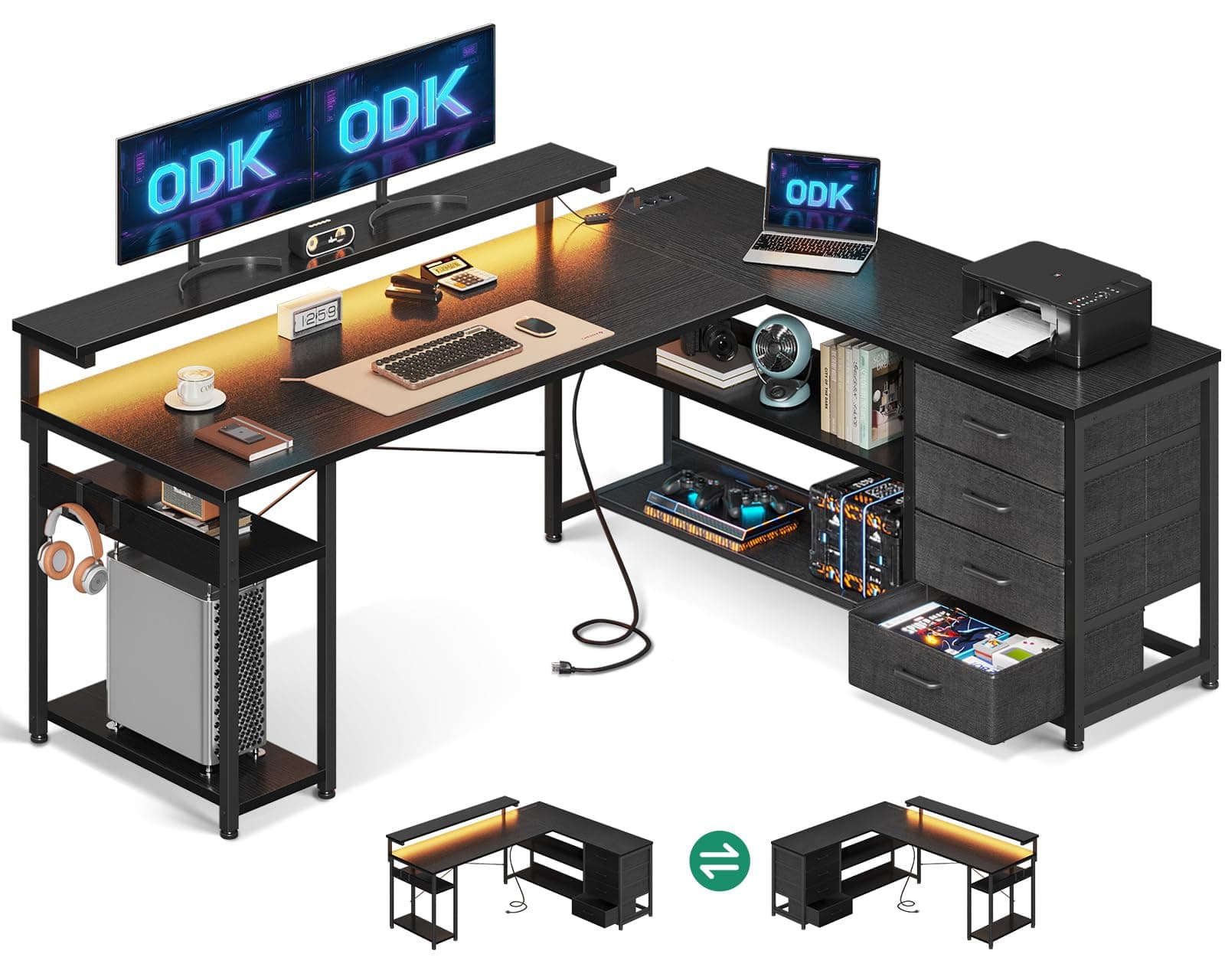 ODK Escritorio con Cajones, 155×110cm Escritorio Esquinero Reversible con 2 Enchufes y 2 Puertos USB, Mesa de Oficina en Forma de L con LED para Oficina en Casa, Negro
