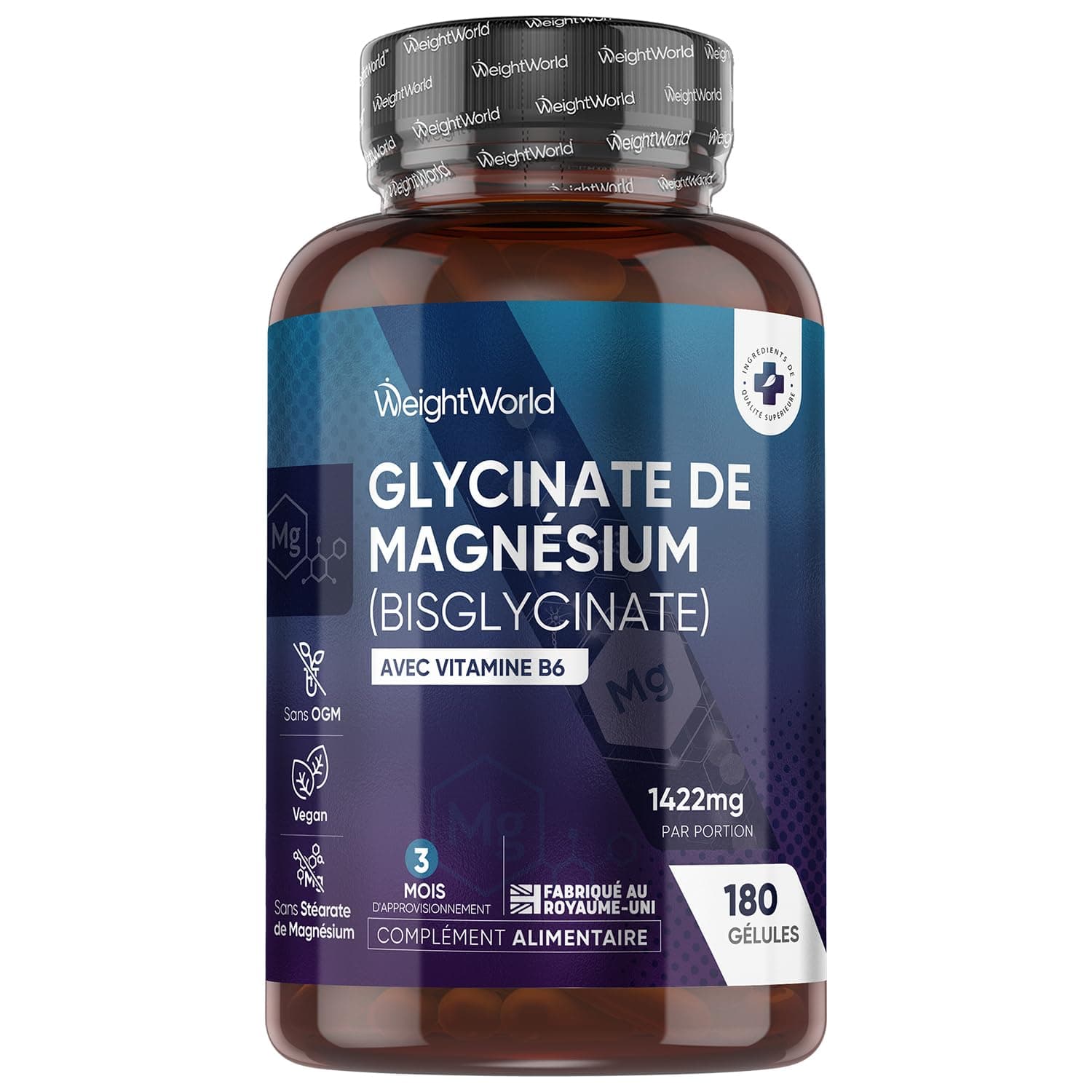 Magnesium Bisglycinate + Vitamine B6, 1422mg - 180 Gélules Vegan Pour 3 Mois - Magnésium Contribue à Réduire la Fatigue & l'épuisement (EFSA) - Sans OGM, Sans Gluten - 2 Gélules par Jour