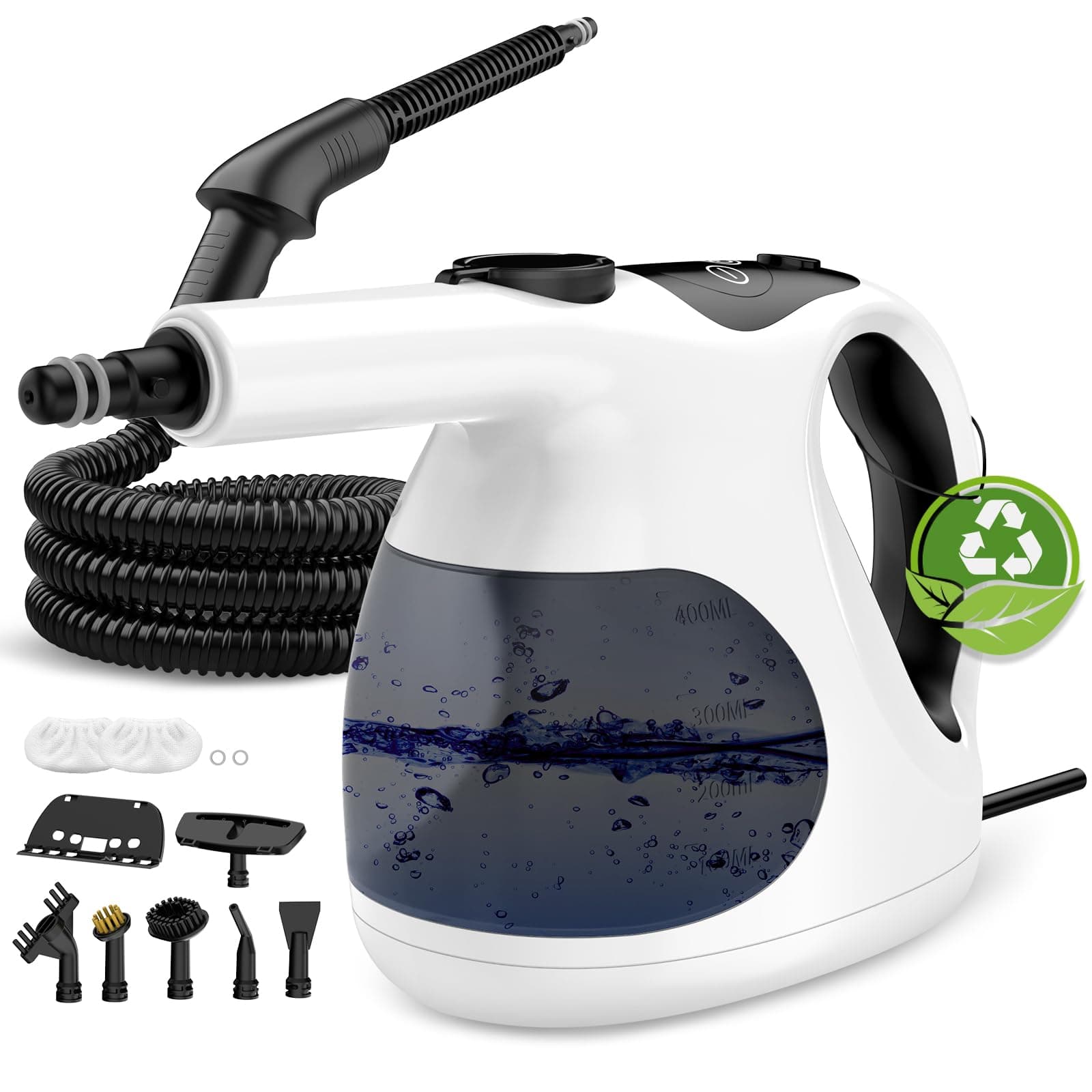 Granarbol Vaporeta de Mano Portátil, Calentamiento 15s, Depósito de 400ml | Limpiador a Vapor de 1200W con 10 Accesorios, para Cocina, Baño, Sofás y Ventanas, Color Blanco