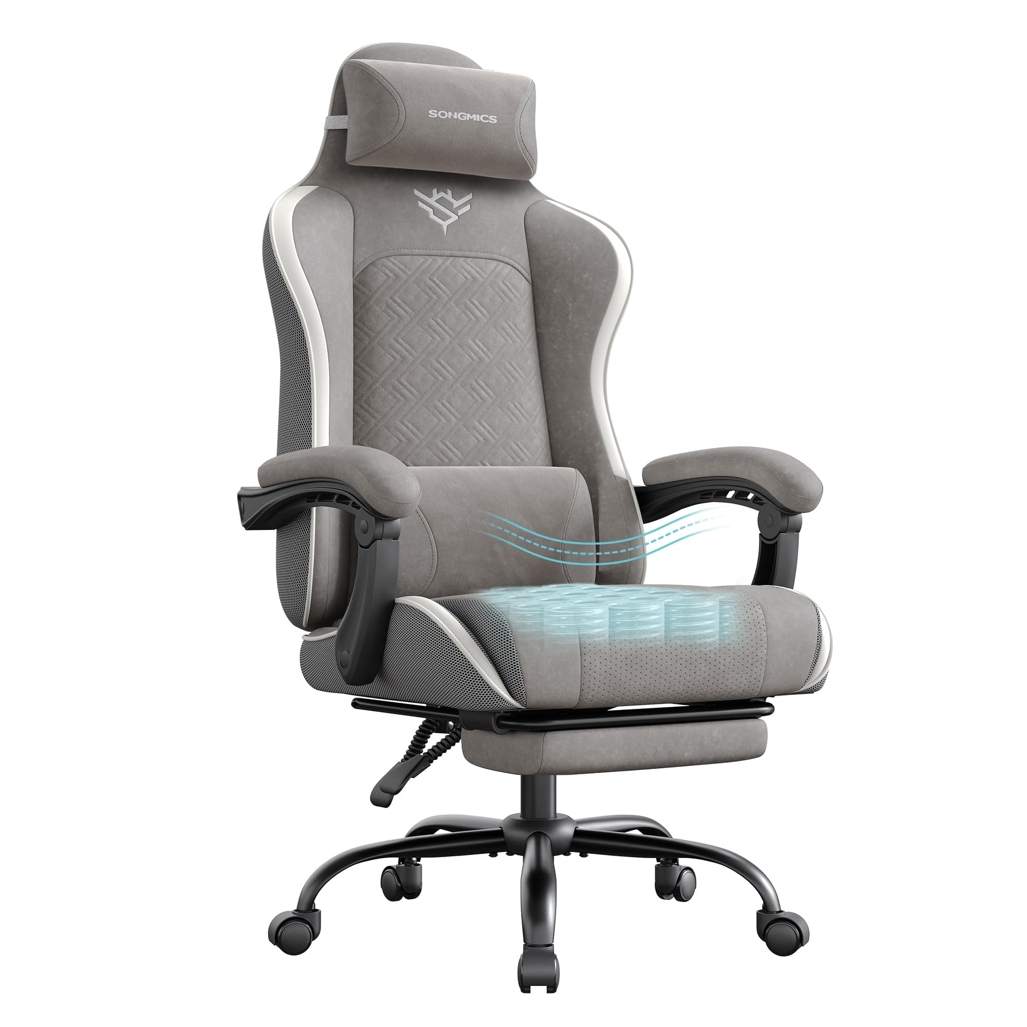 SONGMICS Silla Gaming, Silla Ergonómica de Escritorio, con Resortes, Reposapiés y Reposabrazos, Gris Paloma OBG079G01
