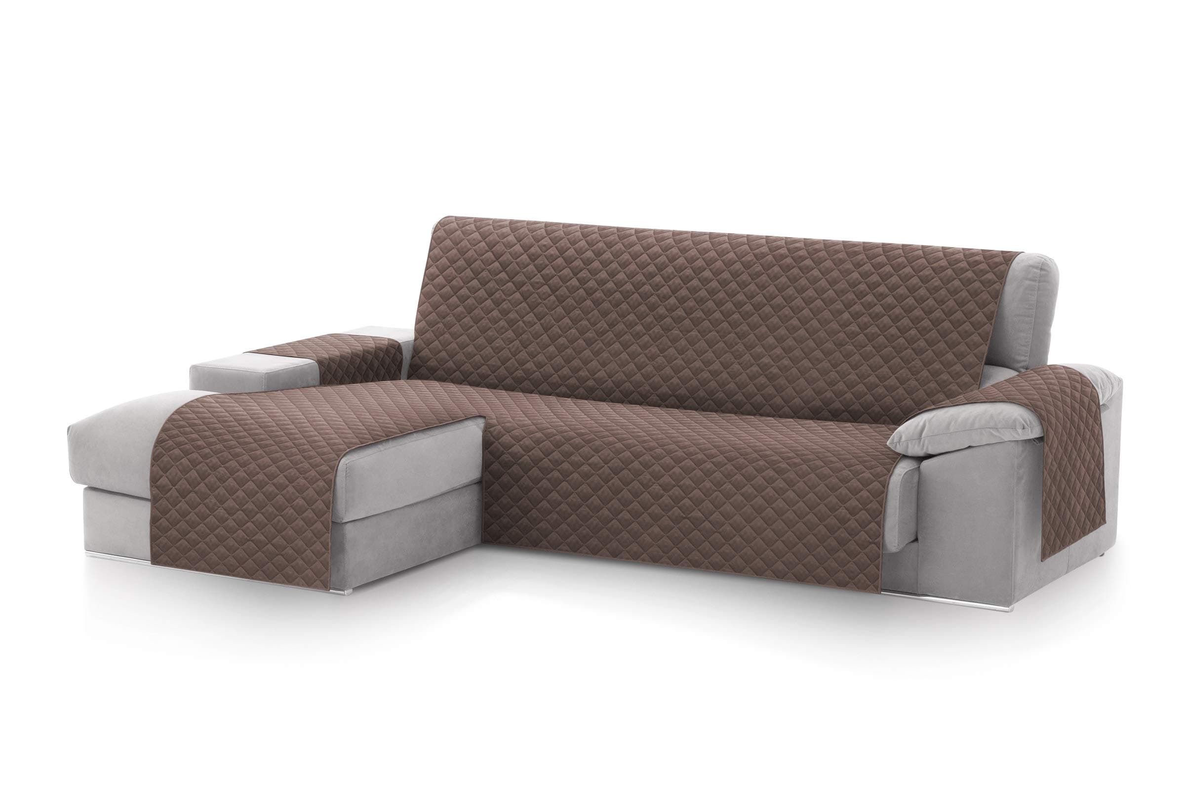 Textilhome Copridivano Chaise Longue con Penisola Malu 240cm – Salvadivano Trapuntato Universale con Bracciolo Sinistro, Protezione per Animali Domestici, Colore Marrone (Visto da Davanti)