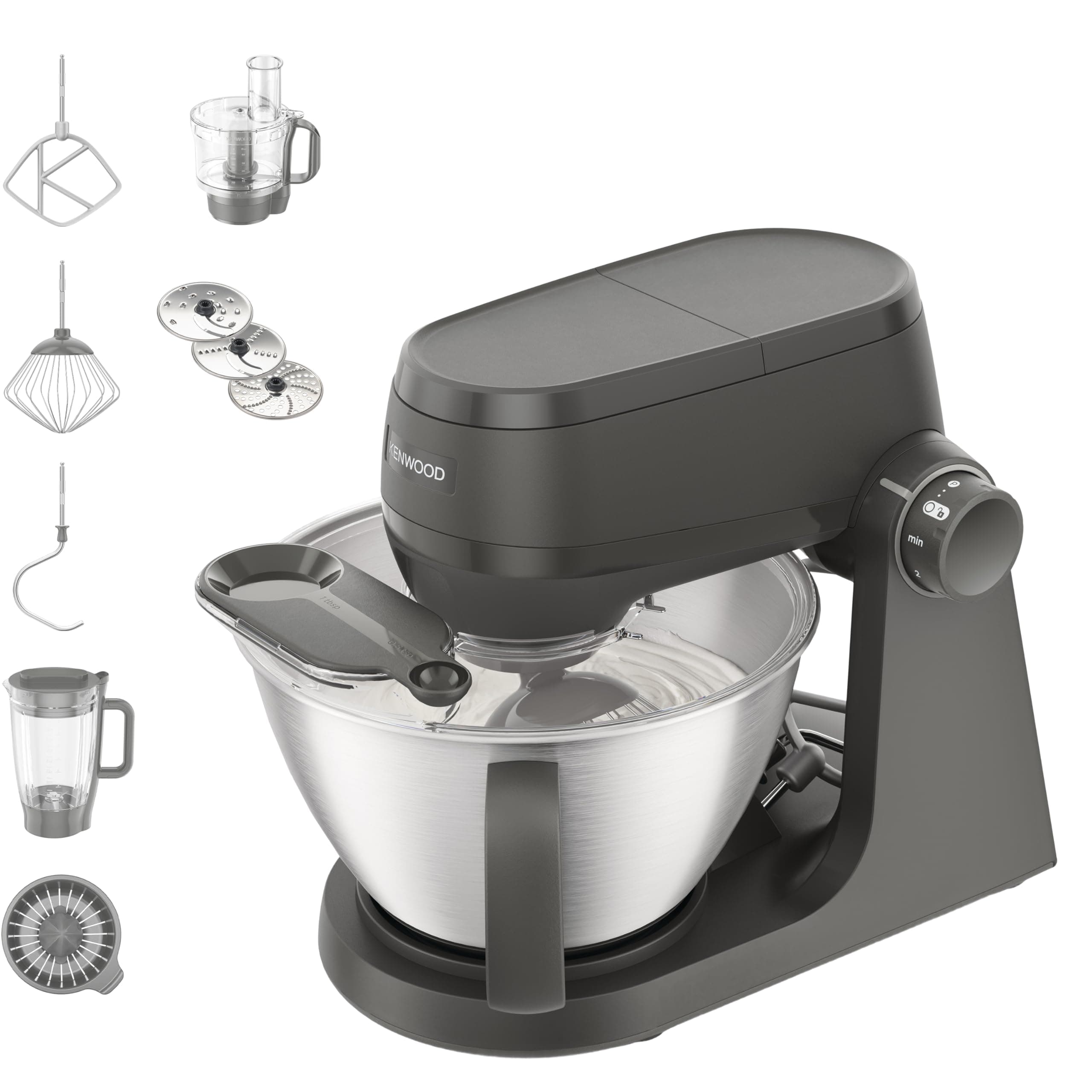 Kenwood Multi Tasker - Küchenmaschine mit Standmixer-Aufsatz, Food Processor, Zitruspresse, 1000W, 44% leiser*, 4,3l Schüssel(1,7kg Teig), 7Stufen, Rührarm-Lift, Zubehörfach, Spritzschutz(KHC30.050GY)
