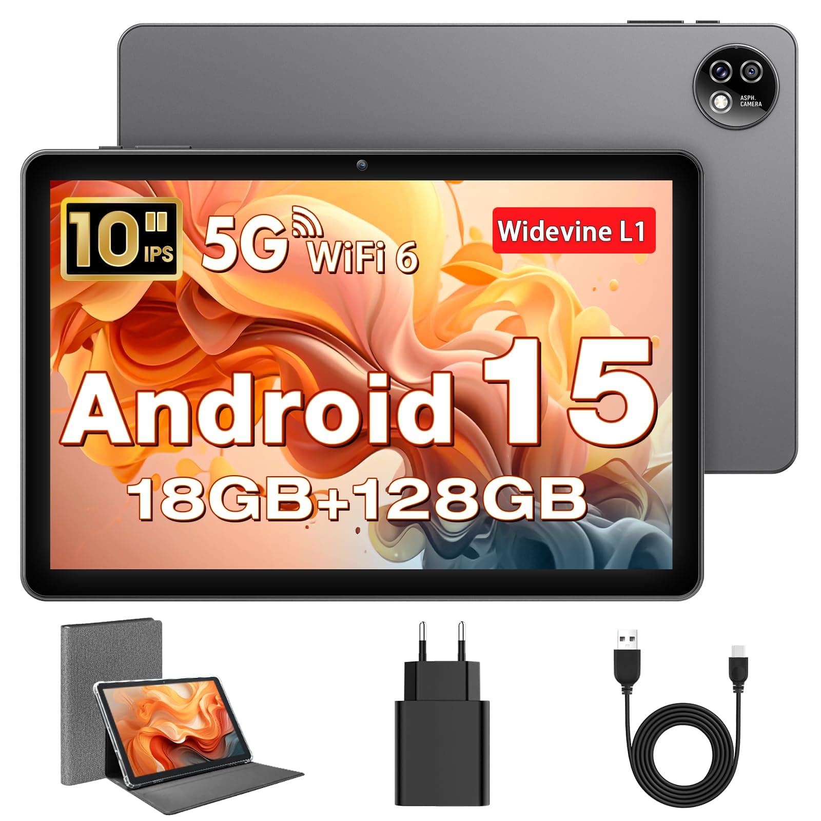 Tablet 10 Pulgadas, Tableta Android 15 con Funda, Octa-Core, 18 GB RAM + 128 GB ROM + 1 TB TF, Pantalla HD IPS 1280 x 800, Cámara Dual 5MP + 8MP, 6000 mAh, WiFi 6, BT 5.0, Widevine L1, GPS (K302)