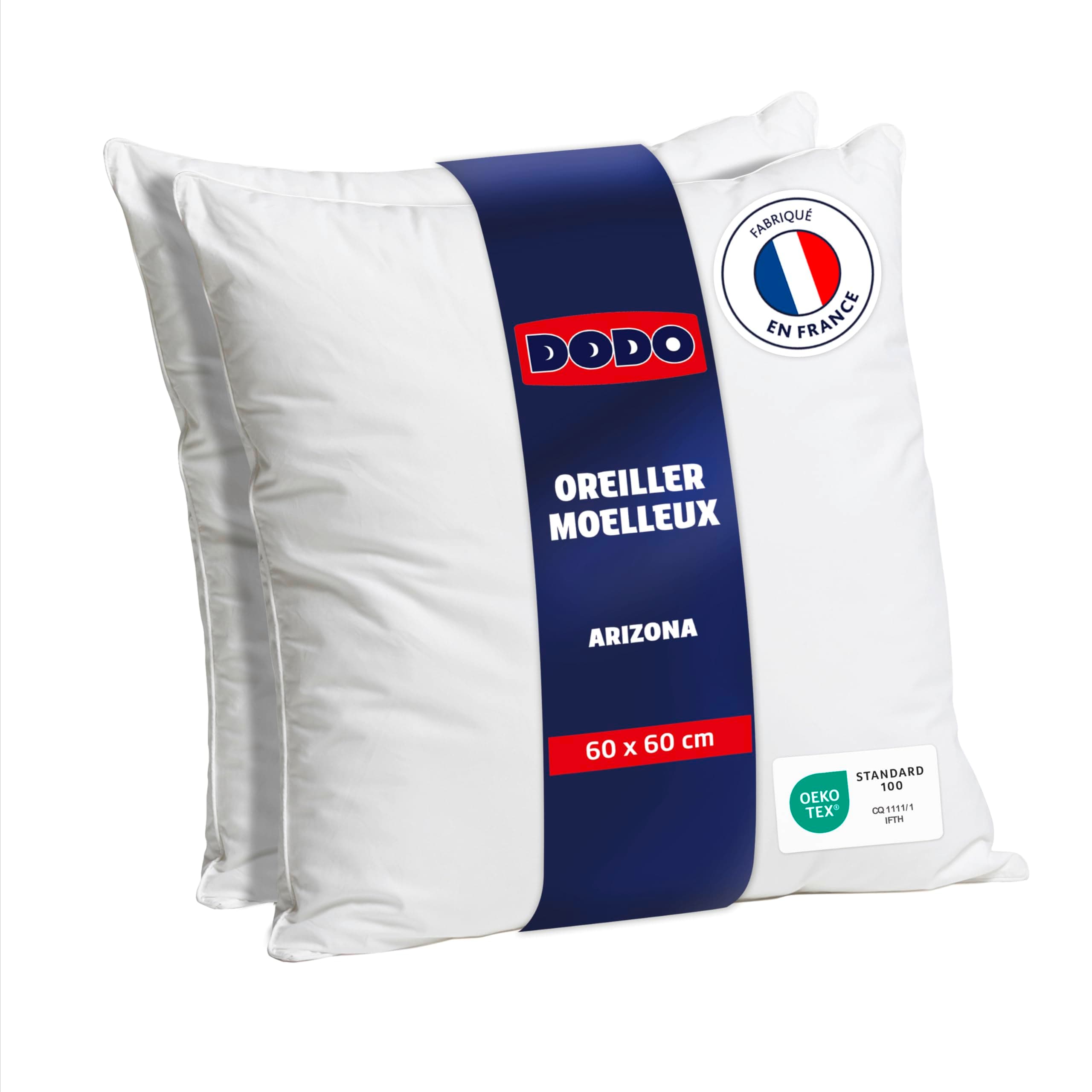 DODO - Lot de 2 Oreillers Arizona 60 x 60 cm - Soutien Moelleux | Fibre Circul'Air Recyclée - Dormeurs sur le Ventre ou le Dos - Enveloppe 100% Polyester toucher peau de pêche - Lavable 40°C