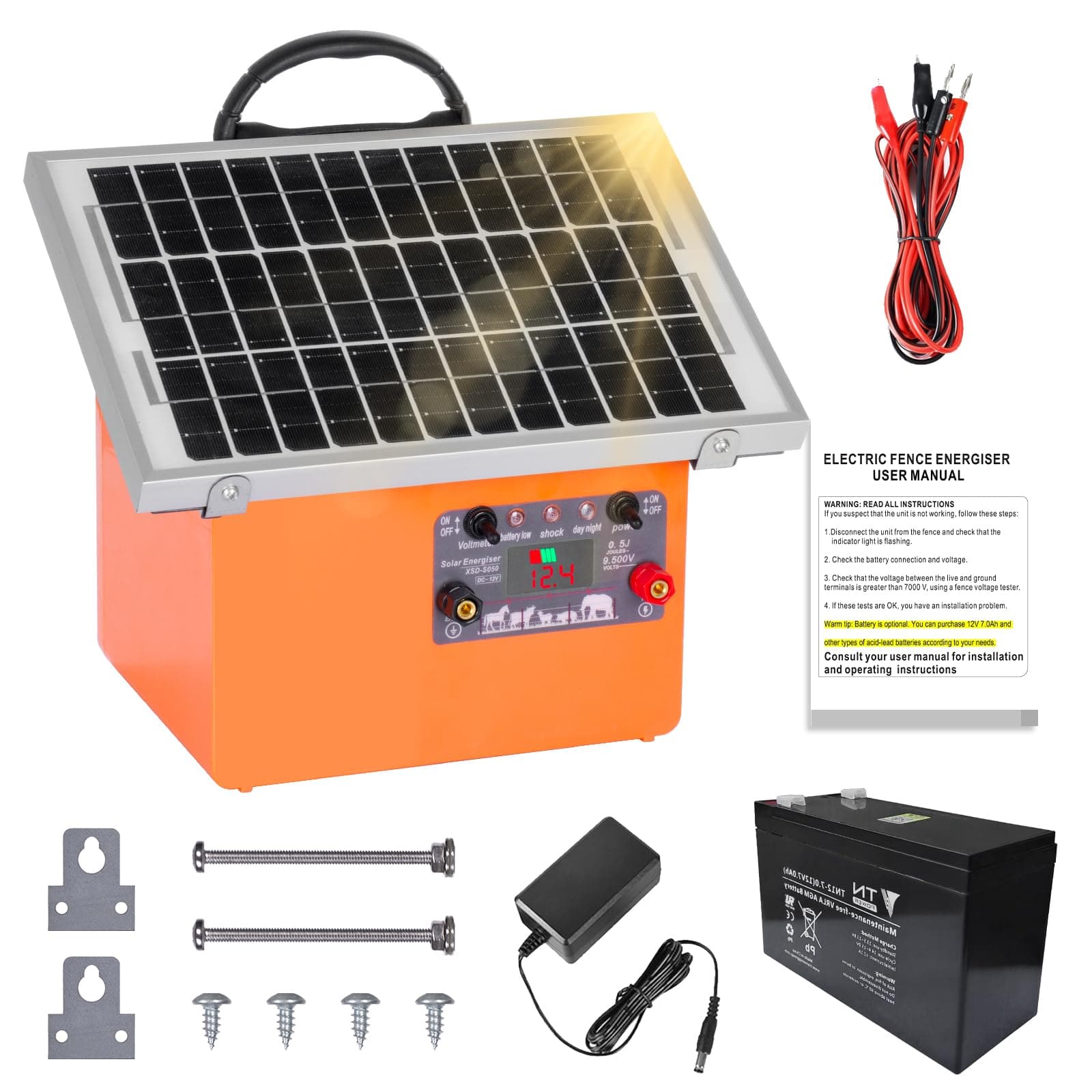 32KM cloture electrique solaire cloture electrique, 9,5 kV berger électrique Contrôleur pour chevaux, clôture électrique 0,5 J pour élevage d'animaux de berger, pour ferme, pâturage, jardin (Orange)