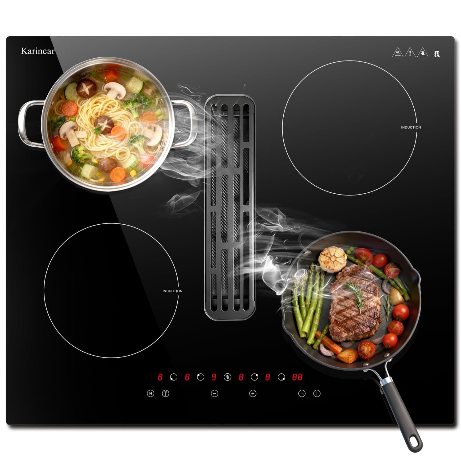 Karinear Plaque à induction avec hotte aspirante, plaque de cuisson indépendante, champ à induction 7200W avec aspiration 145W, Booster, Minuterie, Pause, Commande tactile, 220-240V, Sans prise