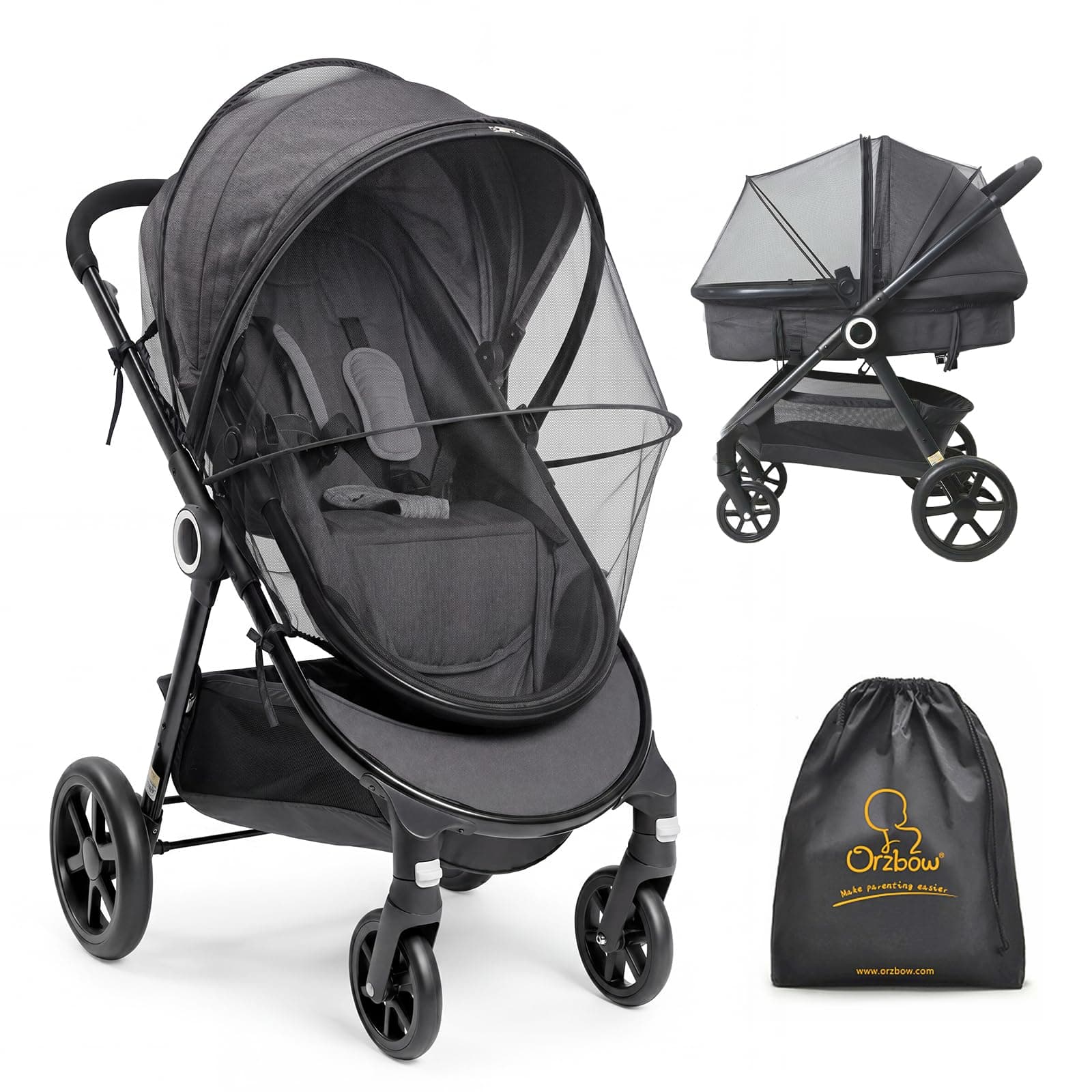 Orzbow Mosquitera Carrito Bebe Universal,Respirable Red Antimosquitos Bebe con Cremallera,3D PVC Support Red Antiinsectos Malla Encriptada para Capazo,Silla de Paseo,Cuna de Viaje,con Bolsa (Negro)