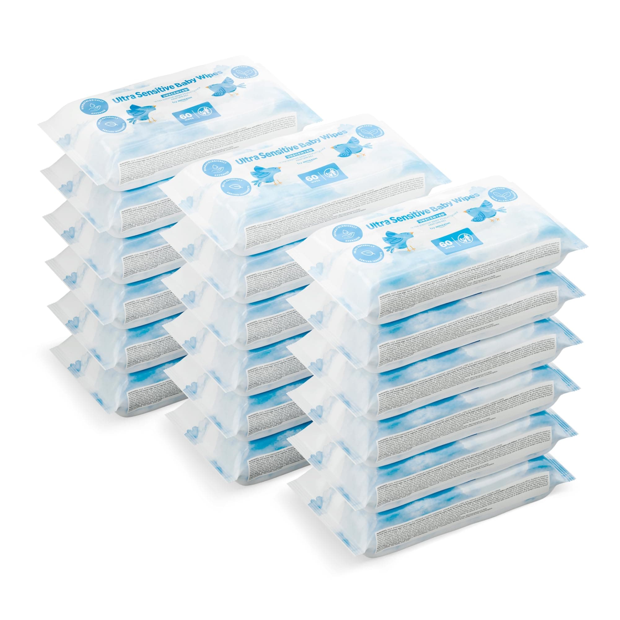 Amazon 1080 Salviettine Umidificate Ultra Sensitive per Neonati, Senza Profumo, 18 Confezioni da 60