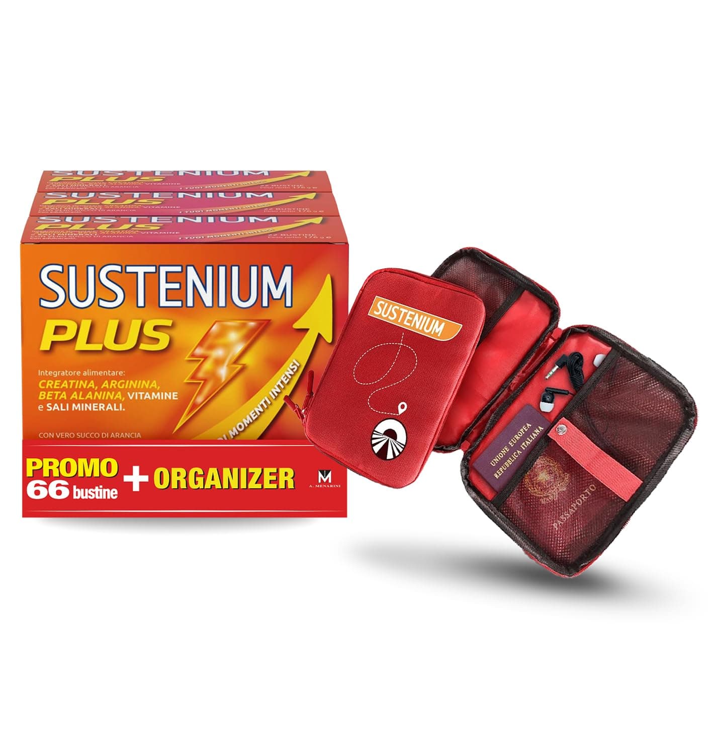 Sustenium Plus è un integratore alimentare energizzante a base di aminoacidi specifici, vitamine e minerali. Per l'energia fisica e mentale. Tripack 66 bustine + Organizer da viaggio Pechino Express.