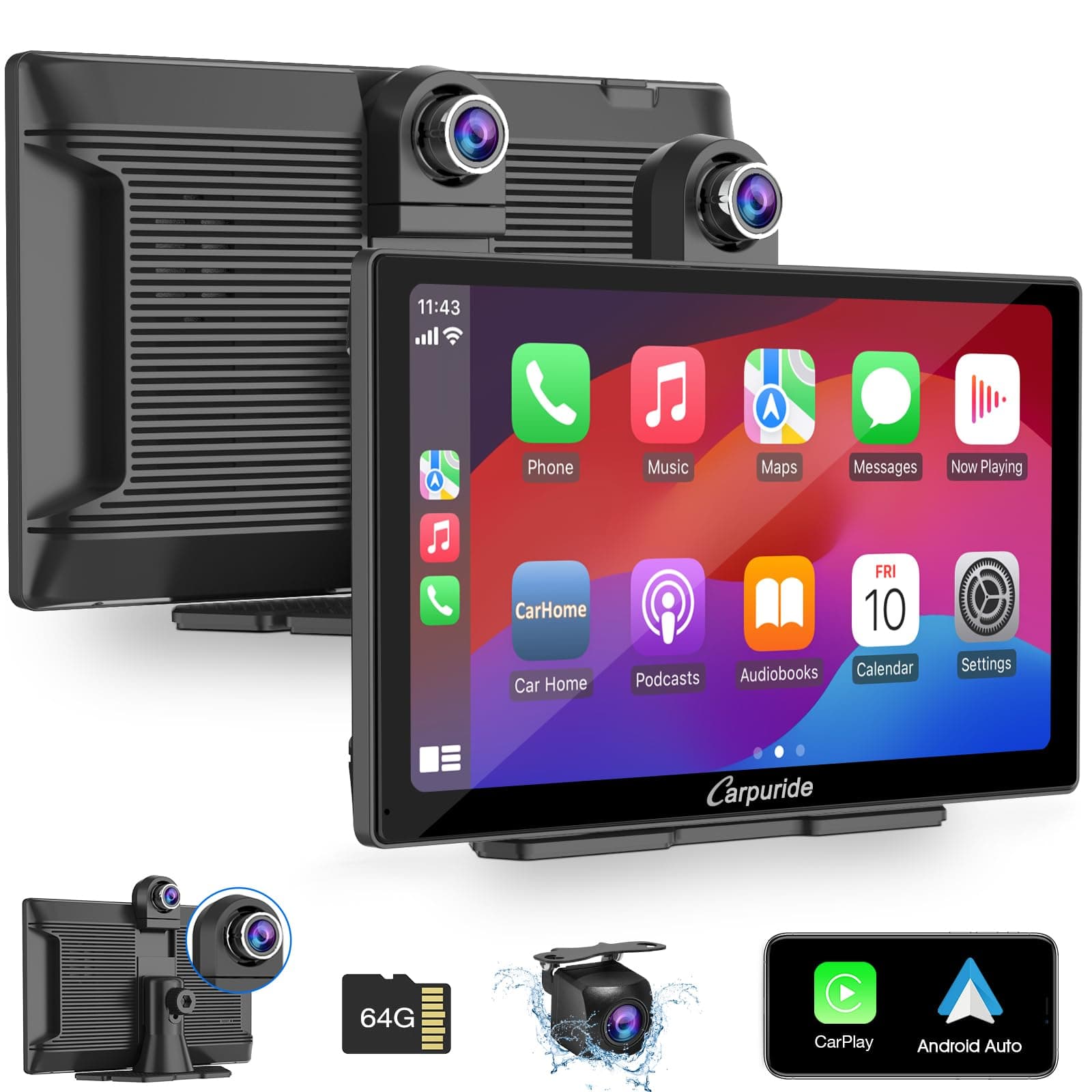 Carpuride W905 Inalámbrico Carplay & Android Auto Pantalla Coche Cámara Salpicadero, Portátil 9" Pantallatáctil, 4K Frontal & Trasera Cámara, Grabación Bucle, Bluetooth, Mirror Link, GPS, Siri.