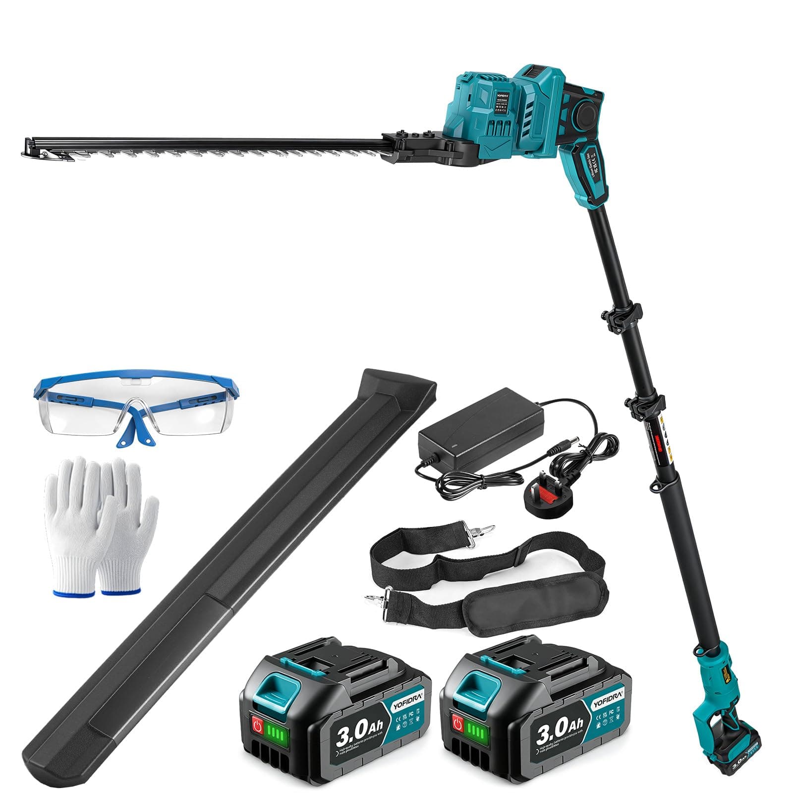 Yofidra Taille Haie Télescopique sans Fil 40cm, Taille-Haie Électrique avec Lame Acier, 2 Batteries 3.0Ah et Chargeur, Perche 2,4 m, Tête Orientable 180° Taille Haie Batterie pour Entretien Haies