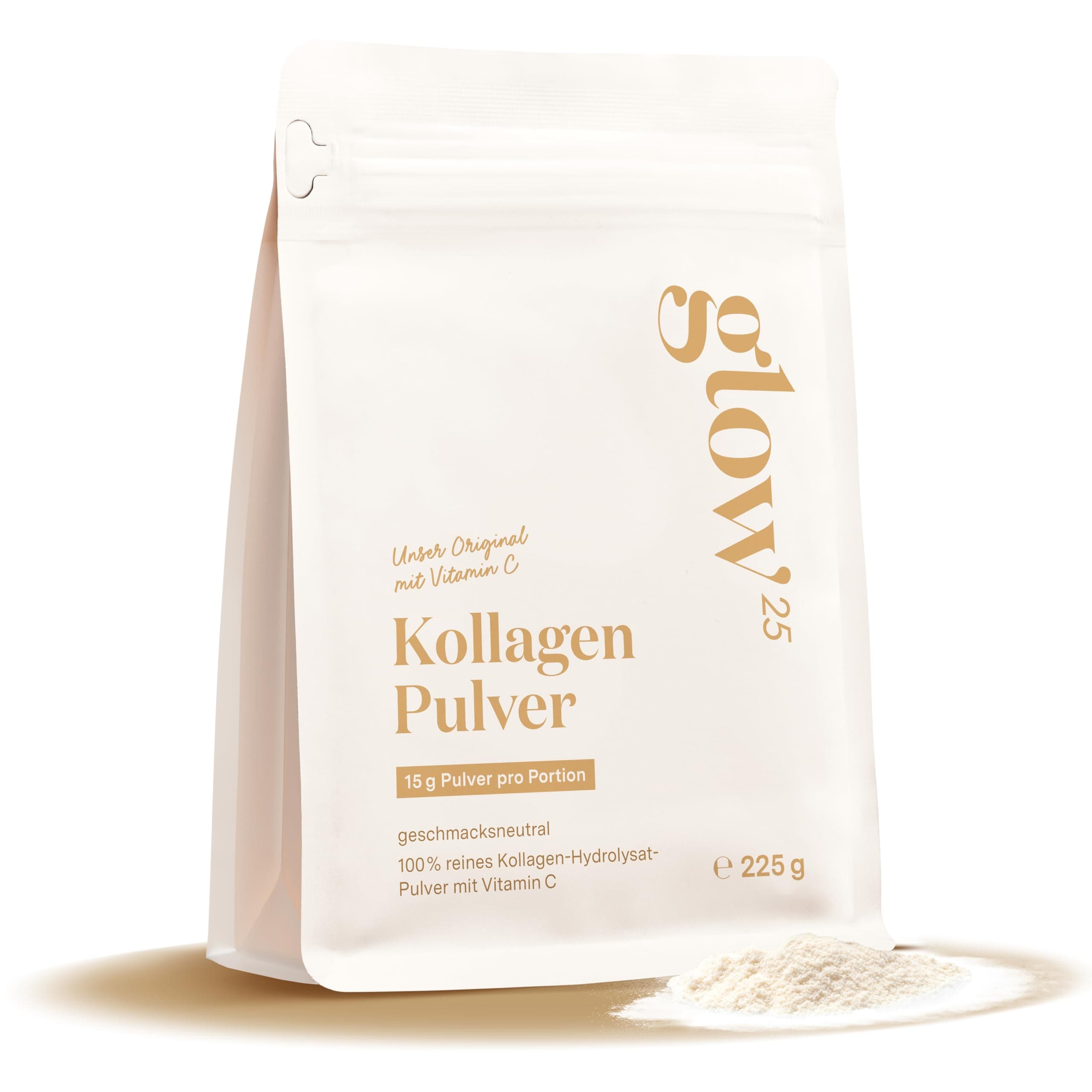 Glow25® Collagen Pulver [225g] – Unser Original – Kollagen Hydrolysat mit Vitamin C – Peptide Typ 1 und 3 – Gute Löslichkeit – Neutral