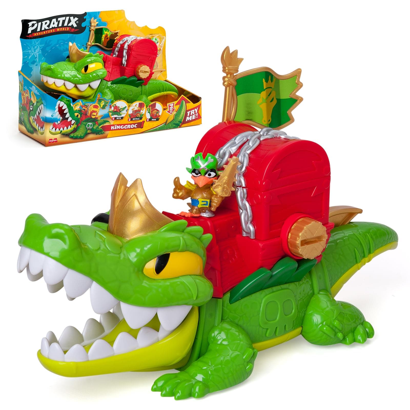 PIRATIX King Croc –Cocodrilo articulado,para capturar Piratix y con un cofre para guardar tesoros. Contiene 1 cocodrilo, 1 tesoro exclusivo, 2 tesoros dorados extras, 1 Piratix exclusivo y 1 accesorio