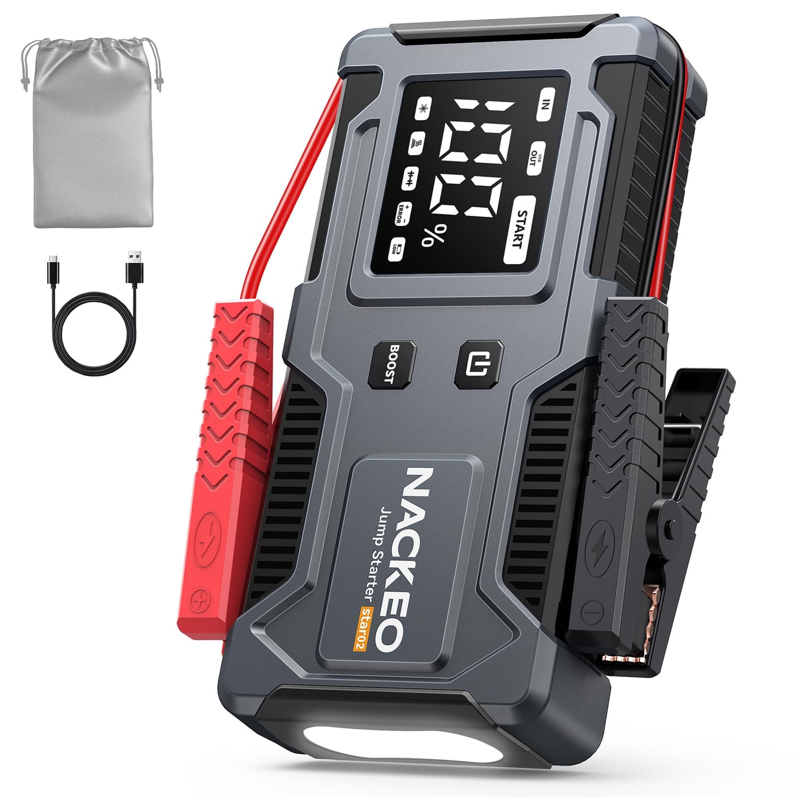 Arrancador de Coches 8000A, Arrancador de Baterías de Coches 12V (para 9.0L de Gasolina o 7.0L de Diésel) Jump Starter con Cables Integrados, Linterna LED de Emergencia, Espera Larga, Carga Rápida