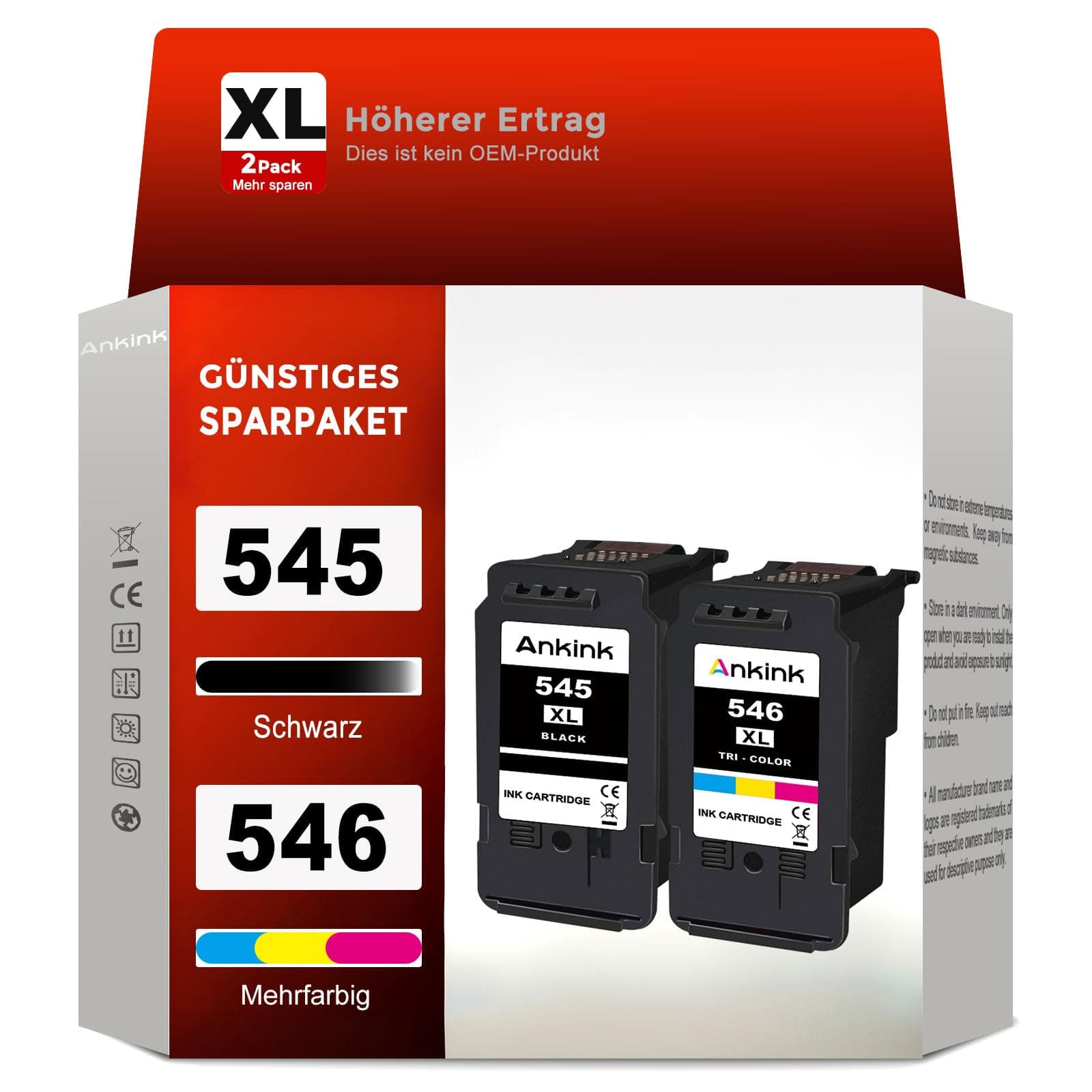 ANKINK Cartouche d'encre Compatible pour Canon PG 545XL CL 546XL PG545 CL546 Encre 545 546 XL pour MG2450 MG2550 MG2550s MG2950 TR4550 TR4650 TS3150 IP2850 MX495 MG3050 TS205 Noir Couleur 2 Pack