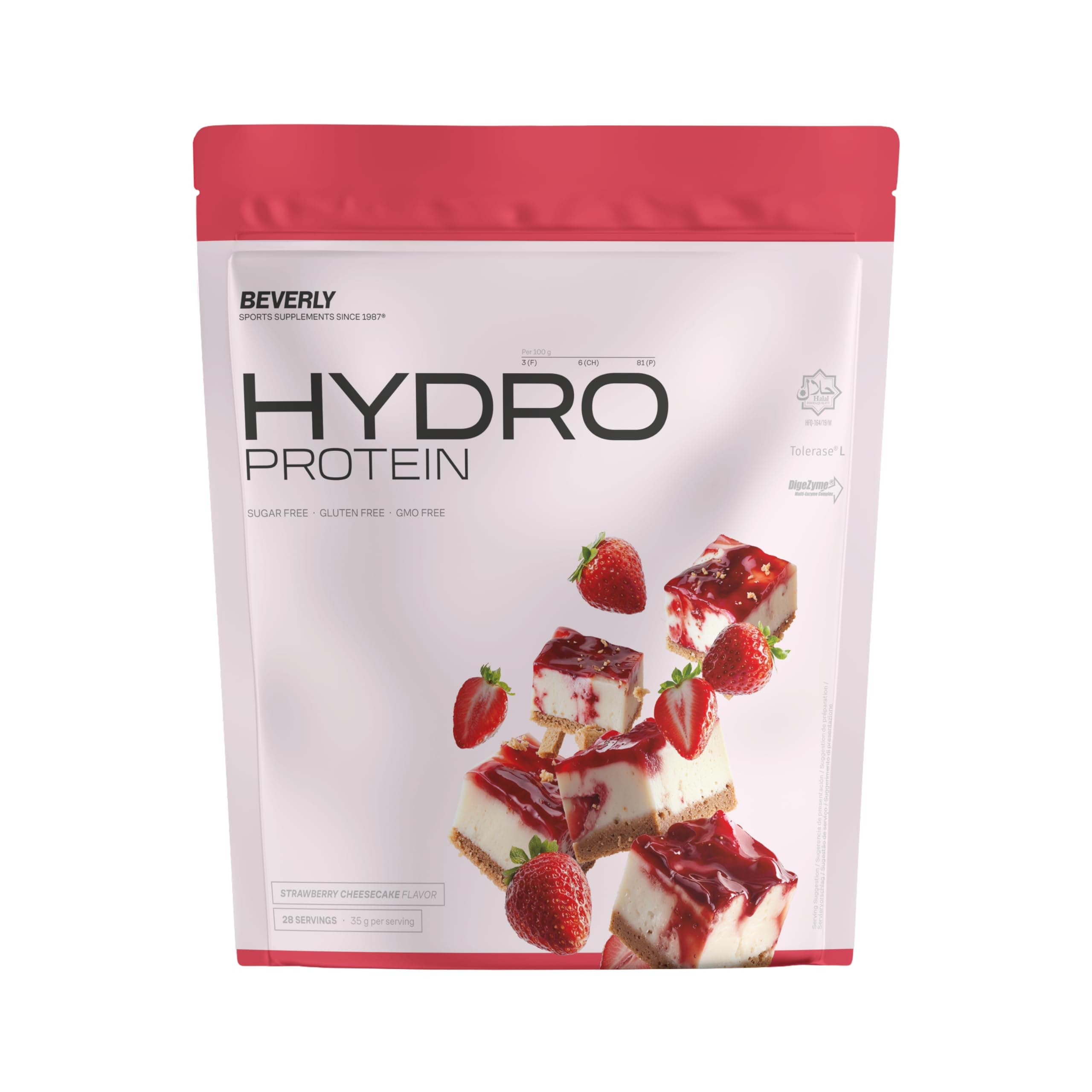Beverly HYDRO PROTEIN – Proteína Hidrolizada de Suero con DigeZyme® y Tolerase® | 29 g Proteína por Ración | 1 kg (28 Servicios) | Alta Digestibilidad (Tarta de queso fresa)