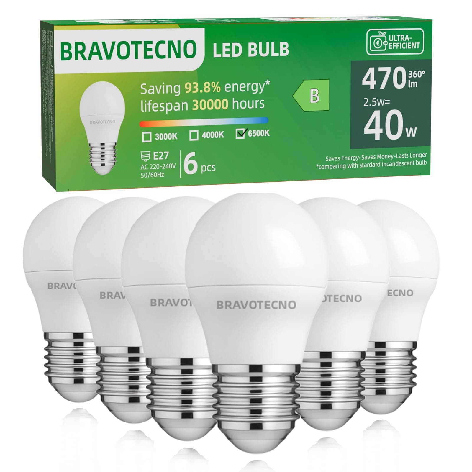 bravotecno Bombilla LED E27, Clase de Energía B, LED E27 Blanco Frío 6500K, 2,5W 470LM G45, Equivalente a 40W, Ángulo de Haz de 360°, No Regulable, Poco calor y larga vida útil, 6 piezas