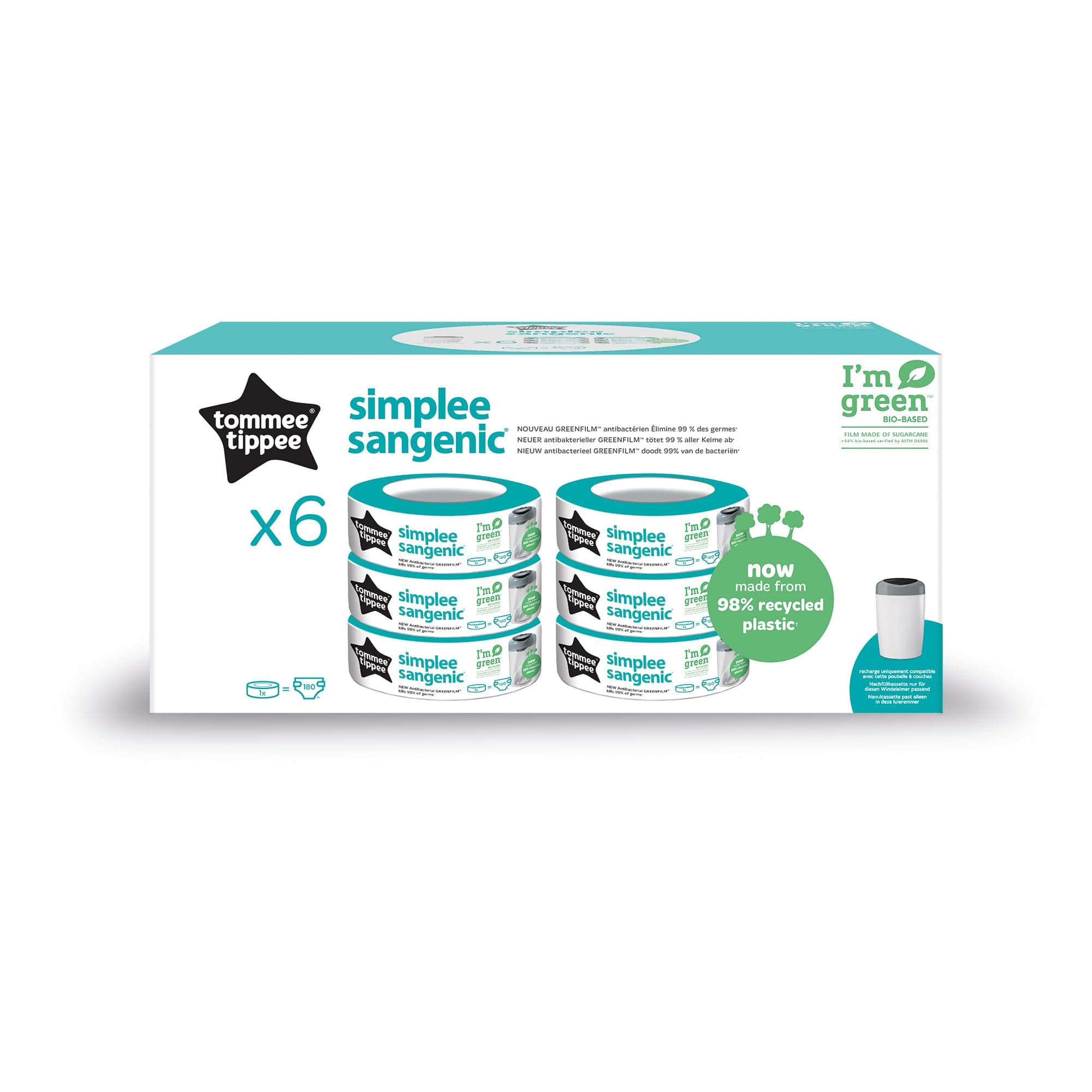 Tommee Tippee Nachfüllkassetten für Simplee Windelentsorgungssystem, 6-er Set, sich nur zur Verwendung in Simplee-Sangenic-Windeleimern