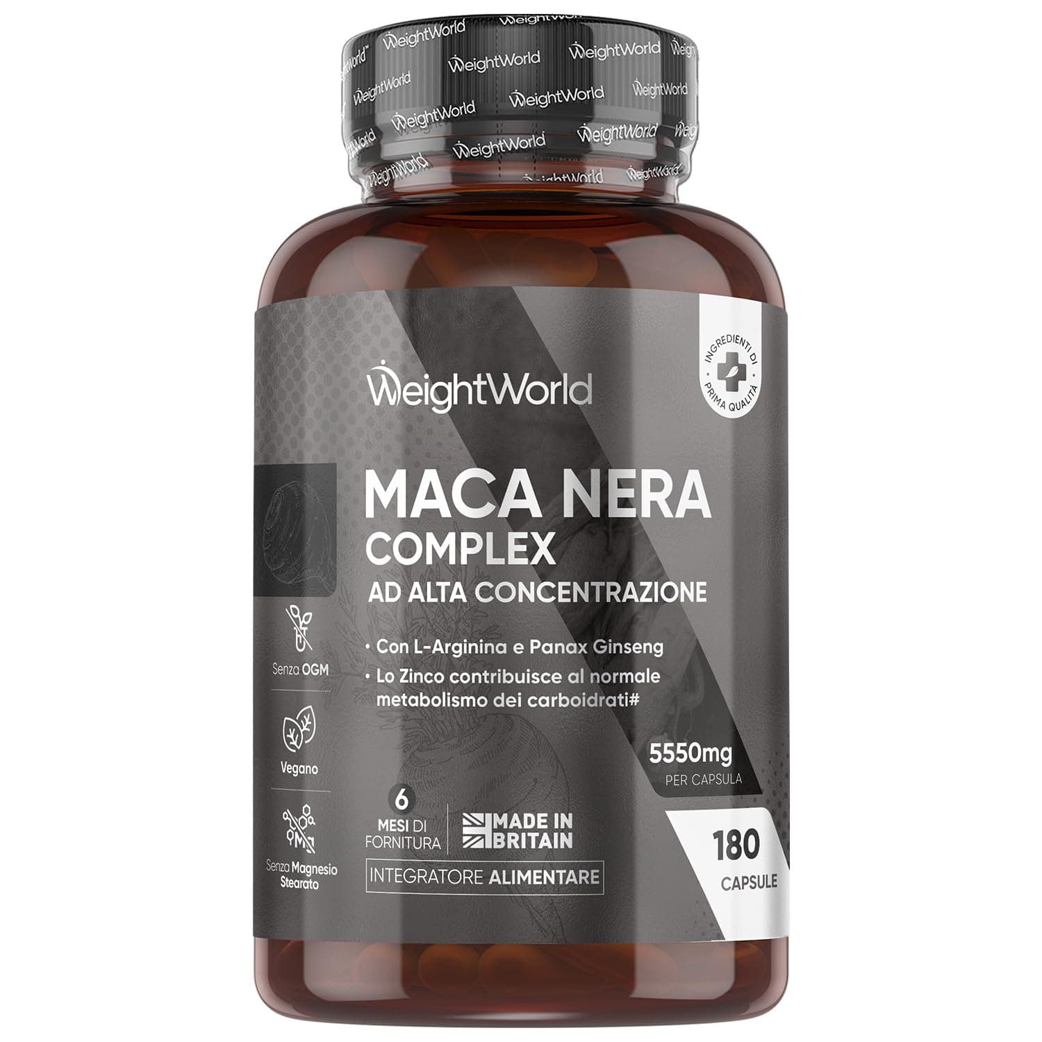 Maca Peruviana, 180 Capsule Vegane, 1 al Giorno (6 Mesi), Estratto 100:1, Maca Nera Complex con L Arginina, Zinco come Zinco Citrato, Panax Ginseng, Pepe Nero, Senza Magnesio Stearato, Senza Glutine