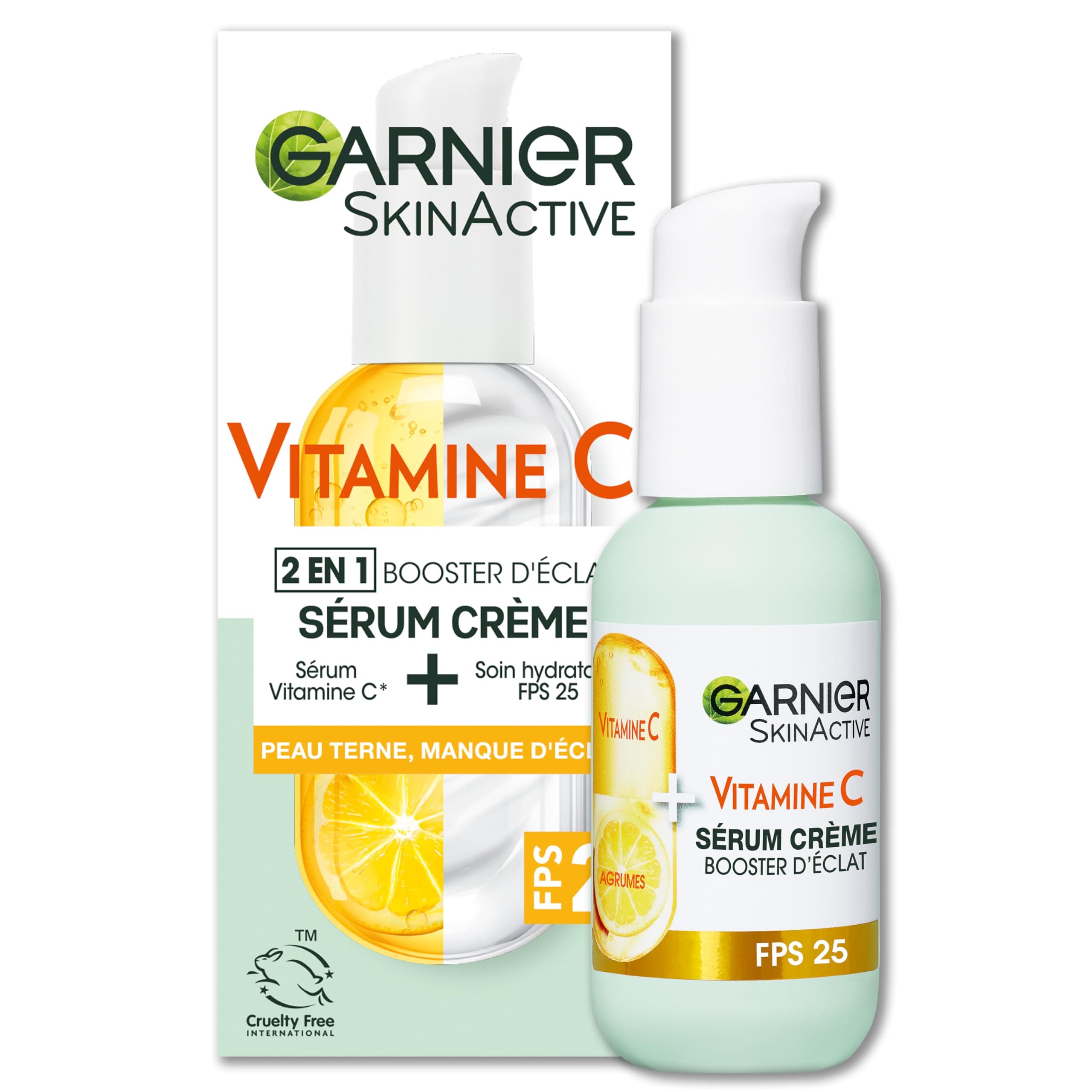 GARNIER Skin Active - Sérum Crème Booster D'Éclat 2-En-1 - Hydratation 72h & Éclat - FPS 25 - Vitamine C & Agrumes - Vegan & Cruelty Free - Peaux Ternes En Manque D'Éclat - 50 ml
