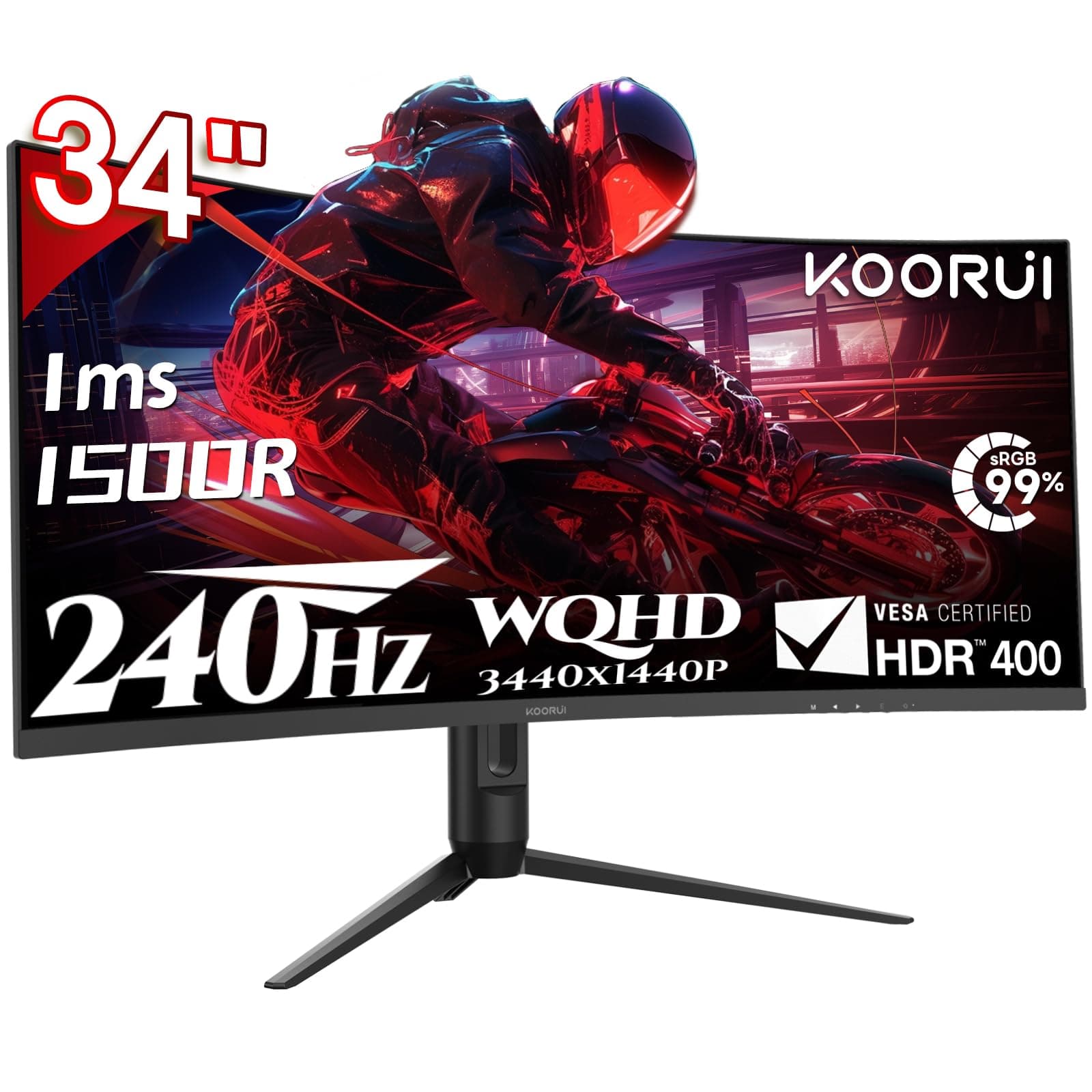 KOORUI Moniteur de Jeu de 34 Pouces, écran pour PC à 240 Hz, écran incurvé 1500R, Adaptive Sync, résolution WQHD(3440×1440), HDR400, réglable en Hauteur (110 mm), Fonctions PIP/PBP, Couleur Noire