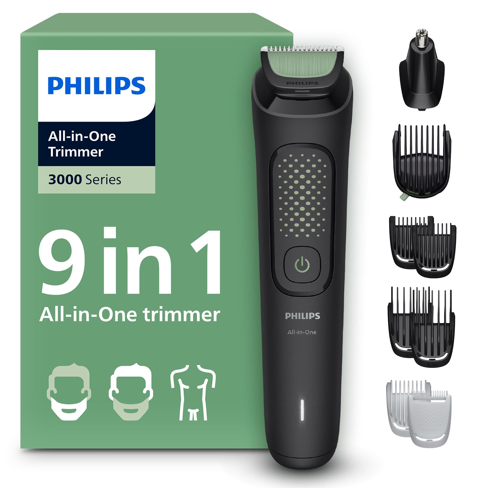 Philips Tondeuse tout-en-un Multigroom série 3000 9 accessoires - Tondeuse pour barbe, cheveux et corps, Lames auto-affûtées respectueuses de la peau, 12 hauteurs de coupe, Modèle MG3946/15