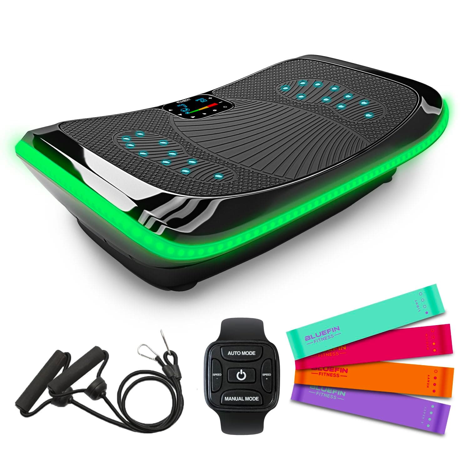 Plataforma Vibradora Bluefin 4D para Perder Peso, Recuperación Muscular y Drenaje Linfático, 3 Potentes Motores con Bandas y Cuerdas de Resistencia para Realizar un Ejercicio Completo
