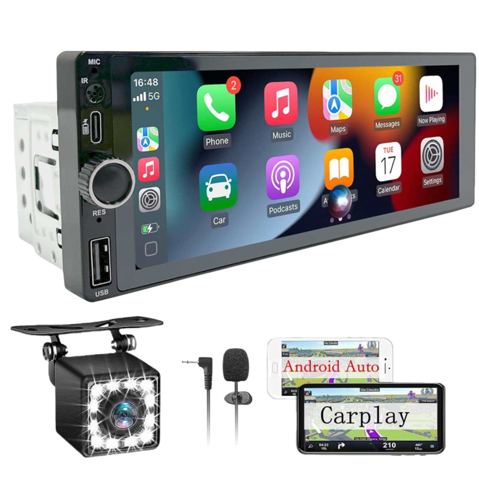 Radio Coche Bluetooth Pantalla - Pantalla Carplay 1 DIN Táctil de 6.86 Pulgadas, Radio CarPlay 1 DIN y Soporte Mirror Link para iOS/Android con Cámara de Respaldo, Admite Carga Type-C/USB/Mic/EQ/SWC