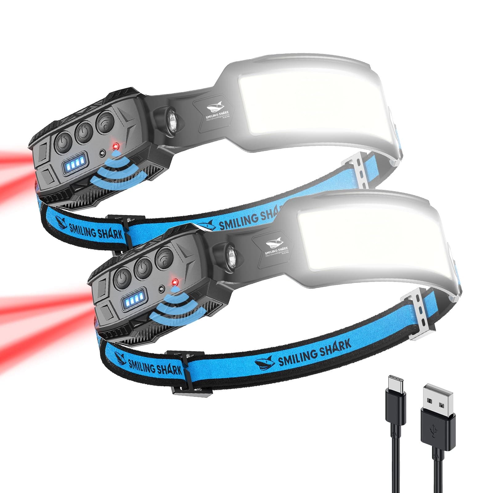 Smiling Shark Frontale Rechargeable, 2 Pack LED Lamp Frontale 7*Lumières Blanches Super Brillantes Avec Lumière Rouge de l'arrière Headlamp Pour Camping Réparation, LED-Lamp-Fontale-USB-Rechargeable