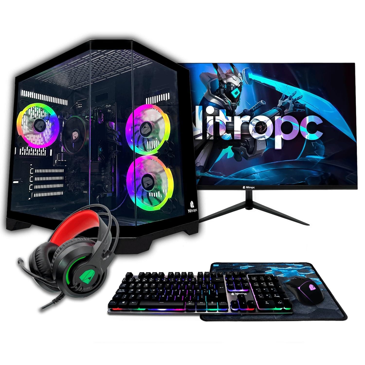 NitroPC - Pack Bronze Plus | PC Gaming Completo (AMD Ryzen 5 5655G 6/12 4.6GHz, RX Vega 7, RAM 16GB, M.2 1TB, Windows 11 PRO, RGB | WiFi, Monitor 24", Teclado, ratón, Auriculares) PC sobremesa (Negro)