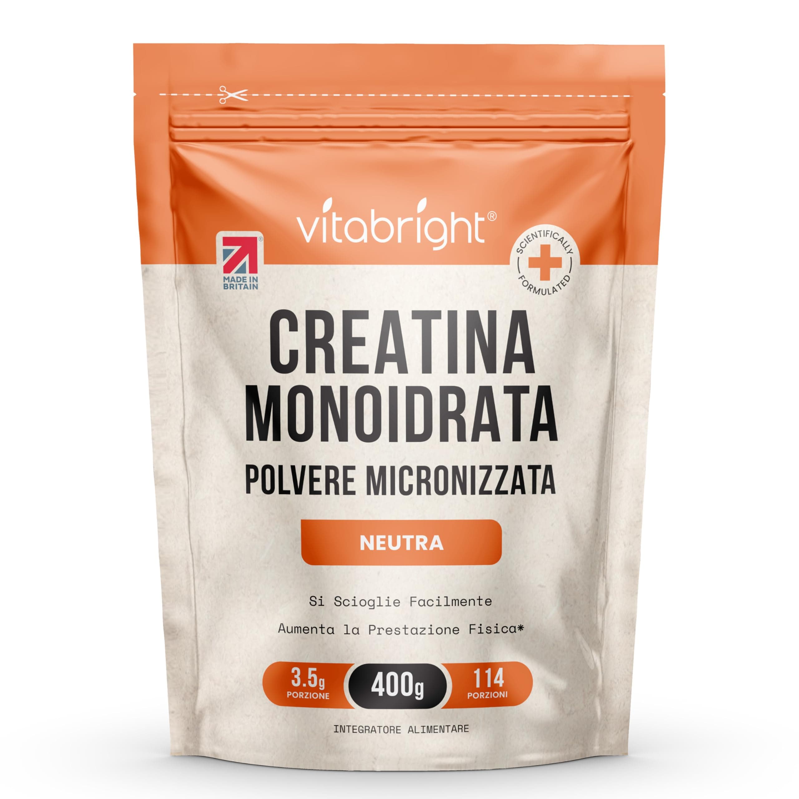 Creatina Monoidrata in Polvere Micronizzata | Busta da 400g | 114 Porzioni | Creatina Monohidrato Polvere Ultra Fine 200 Mesh a Rapido Scioglimento (Non Capsule) | Vitabright Creatine Monohydrate