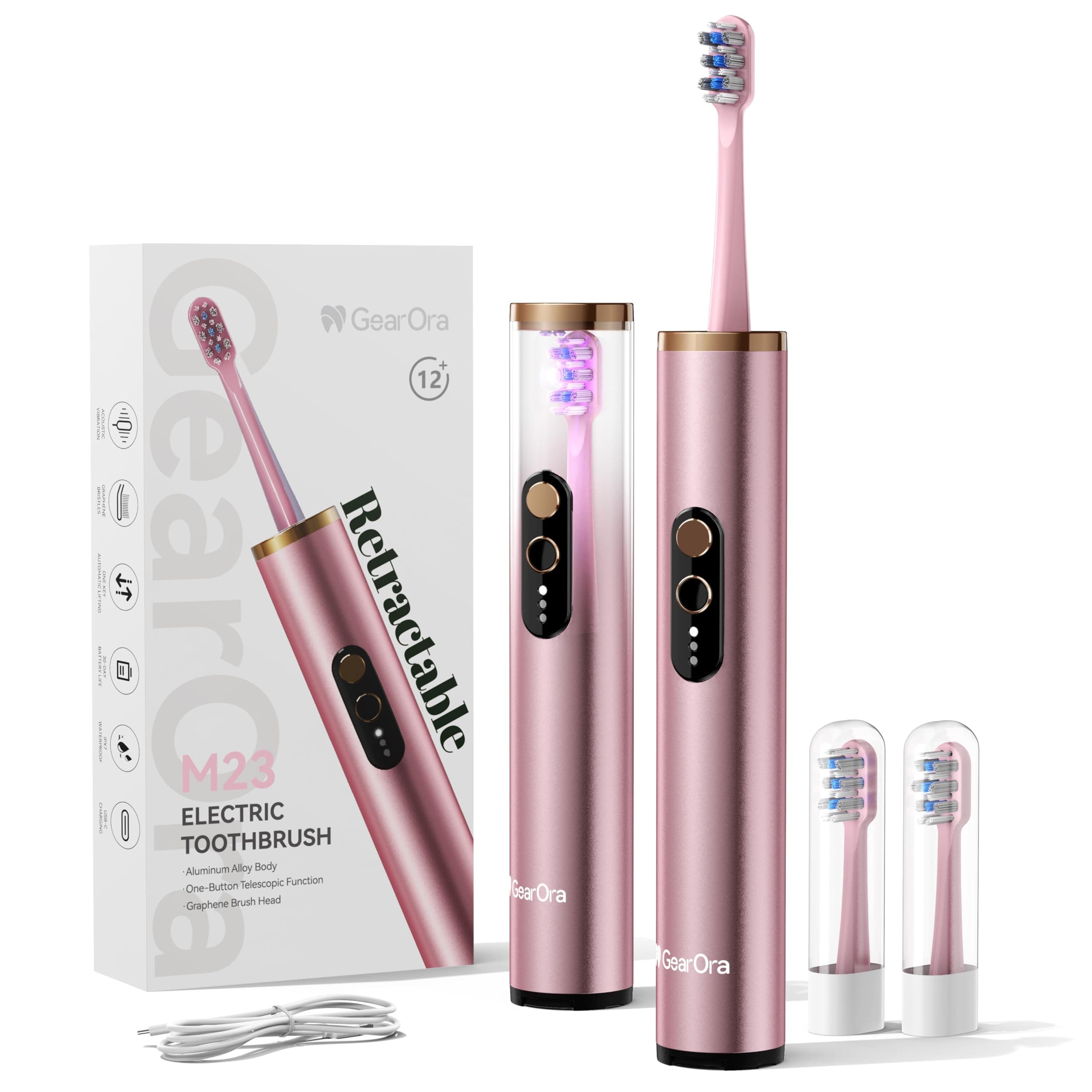 GearOra M23 Brosse à Dents Électrique de Voyage Rétractable avec Stérilisateur UV, Brosse Sonique Adulte, 30 Jours d'Autonomie, Aluminium, 130g Ultra-Léger, 3 Modes, USB-C, IPX7, Rose