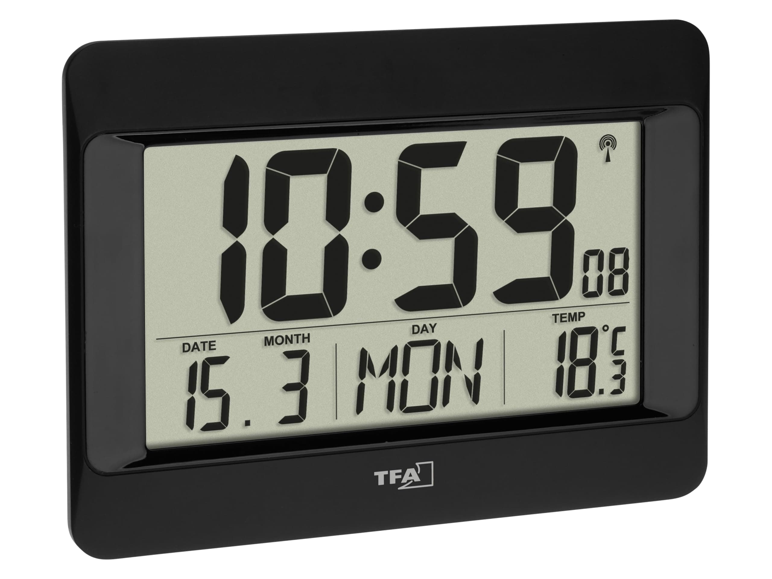 TFA Dostmann Horloge Murale numérique, 60.4519.01, avec température intérieure, Jour de la Semaine (réglable en français et 7 Autres Langues), Date, réglage du Fuseau horaire, Noir