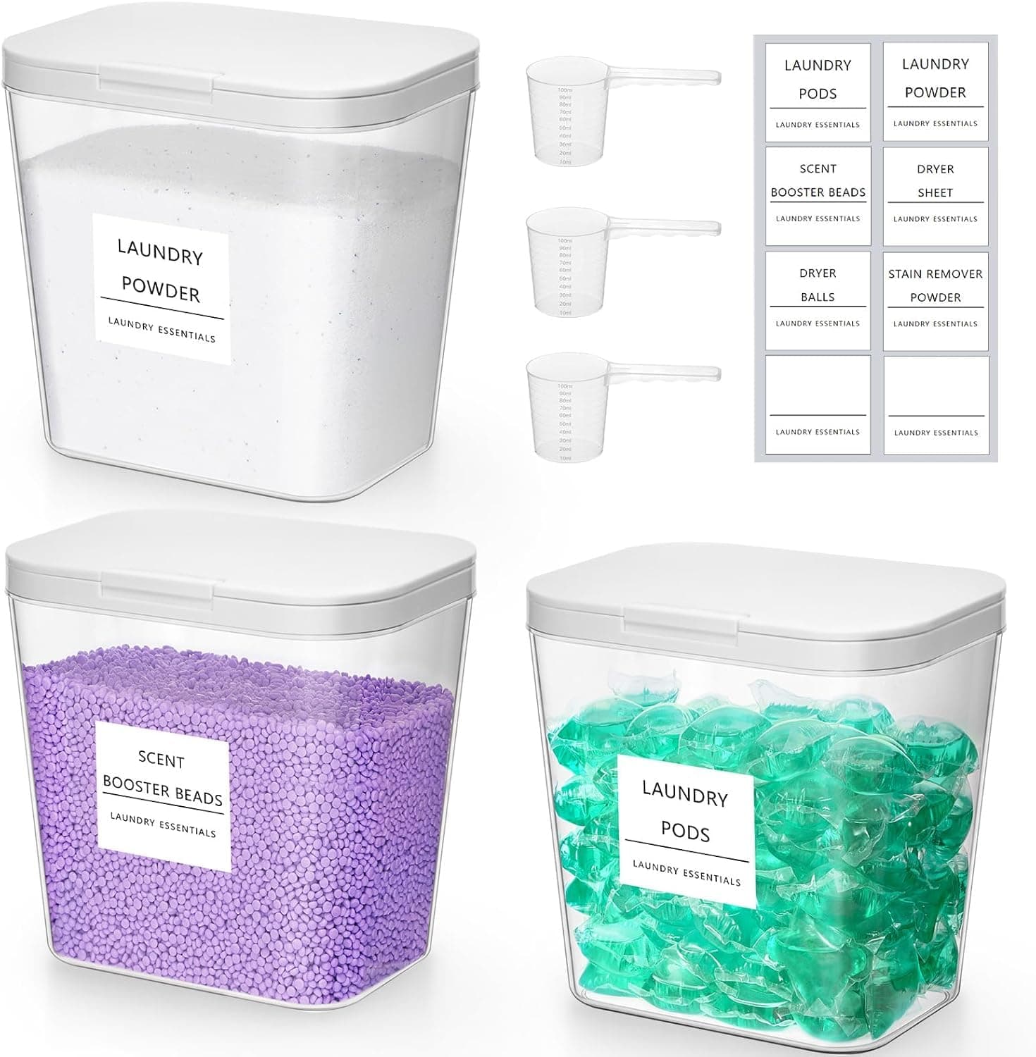 Lifewit Contenedor Detergente Polvo, Lavanderia Organizador, Pastillas Lavadora Caja de Almacenamiento de Plástico, Contenedores para Baño, Dispensador Detergente Lavadora, 2700 ml, 3 Piezas