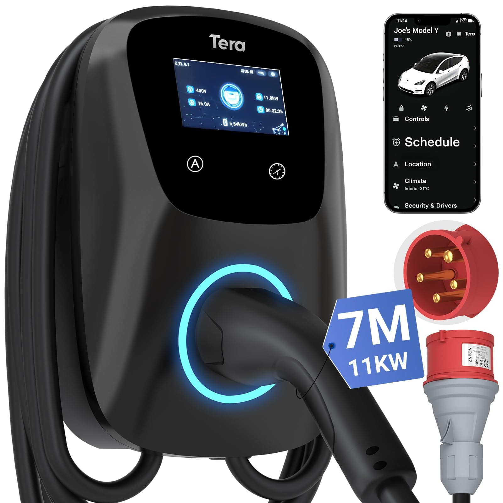 Tera Caricabatterie EV Tipo 2 da 11KW per Uso Domestico, Certificato CE & TüV, Dotato di App/WLAN/Bluetooth, Completo di Cavo di Ricarica da 7 Metri, Spina CEE trifase, Nero